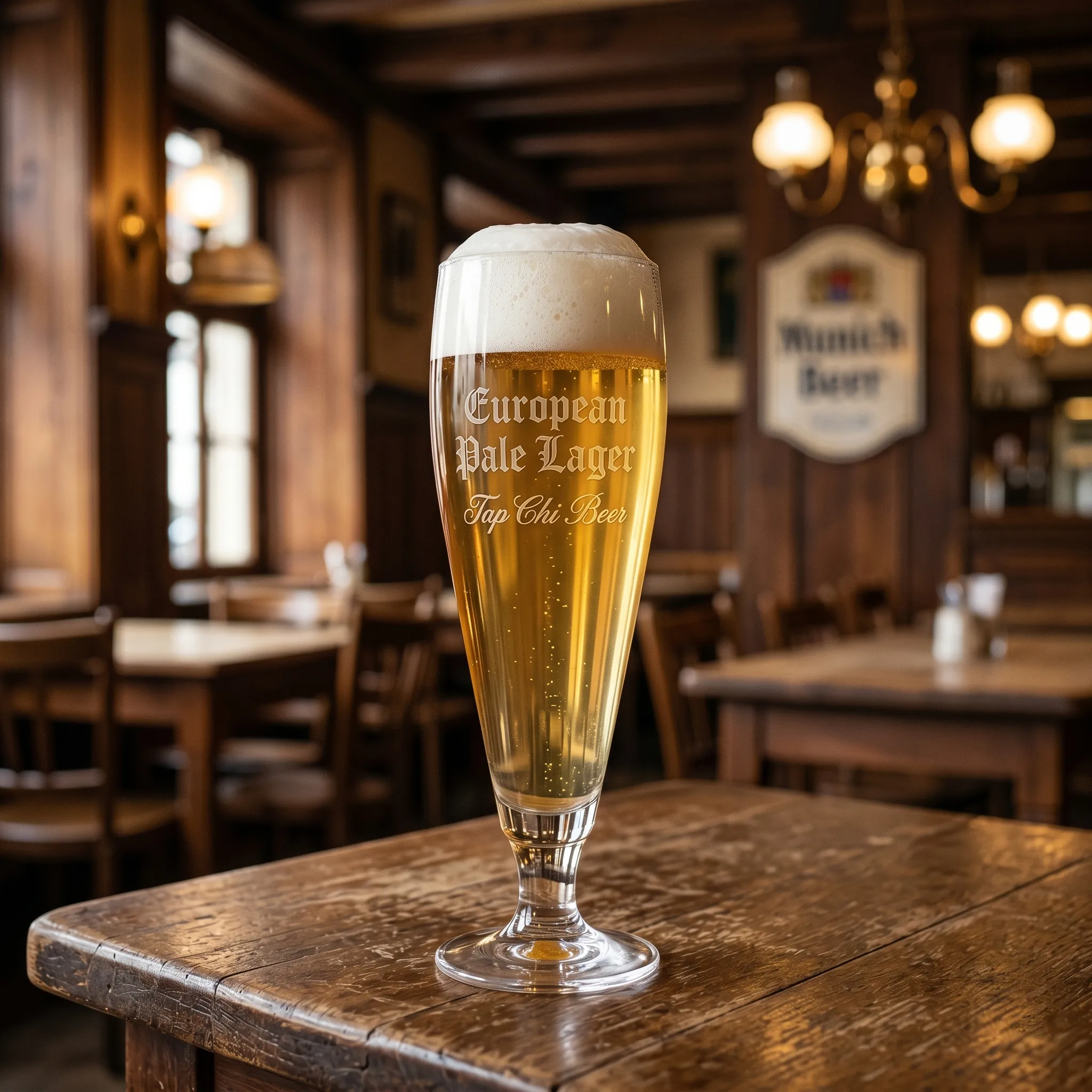 Ly European Pale Lager màu vàng sáng với bọt trắng