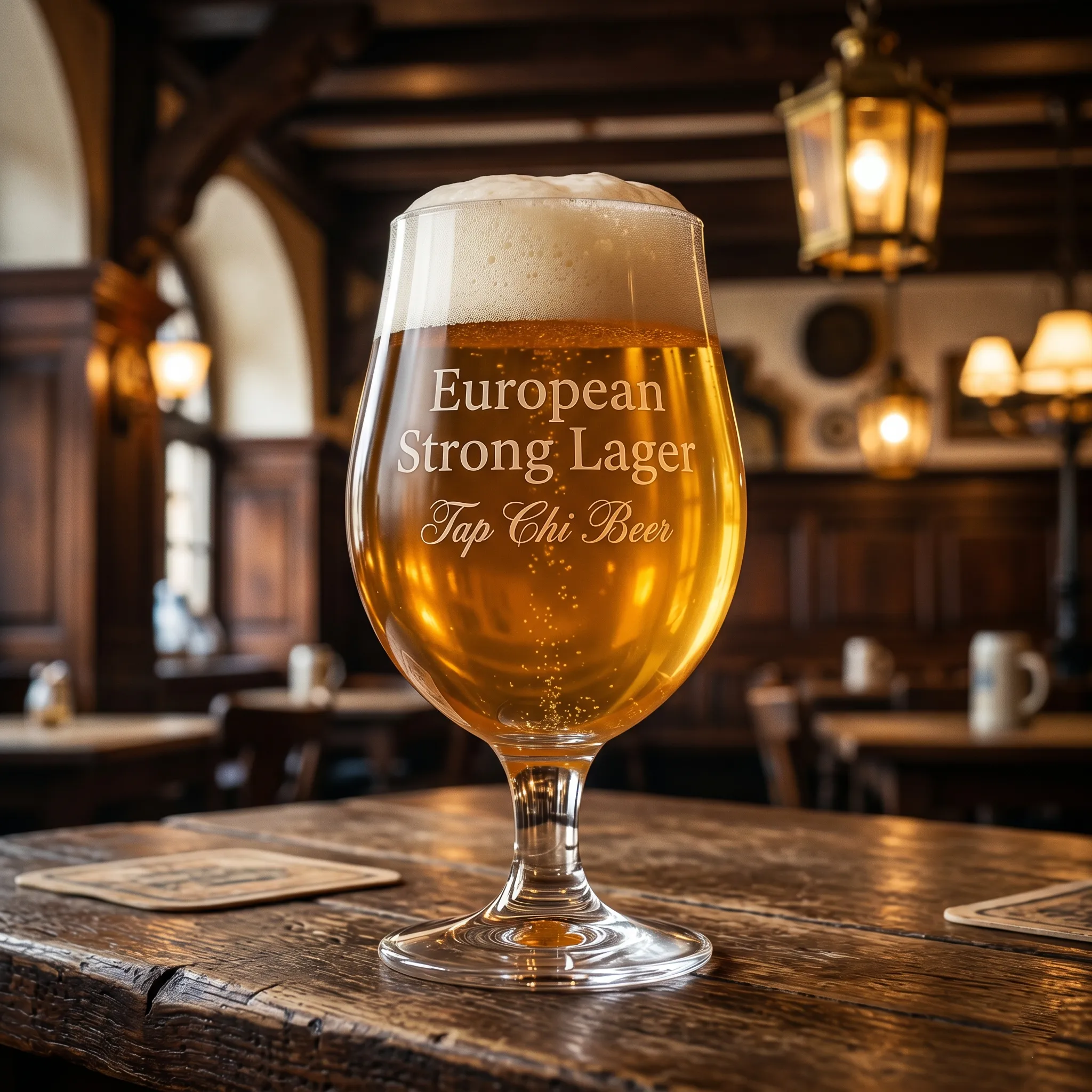 Ly European Strong Lager màu vàng đậm với bọt trắng