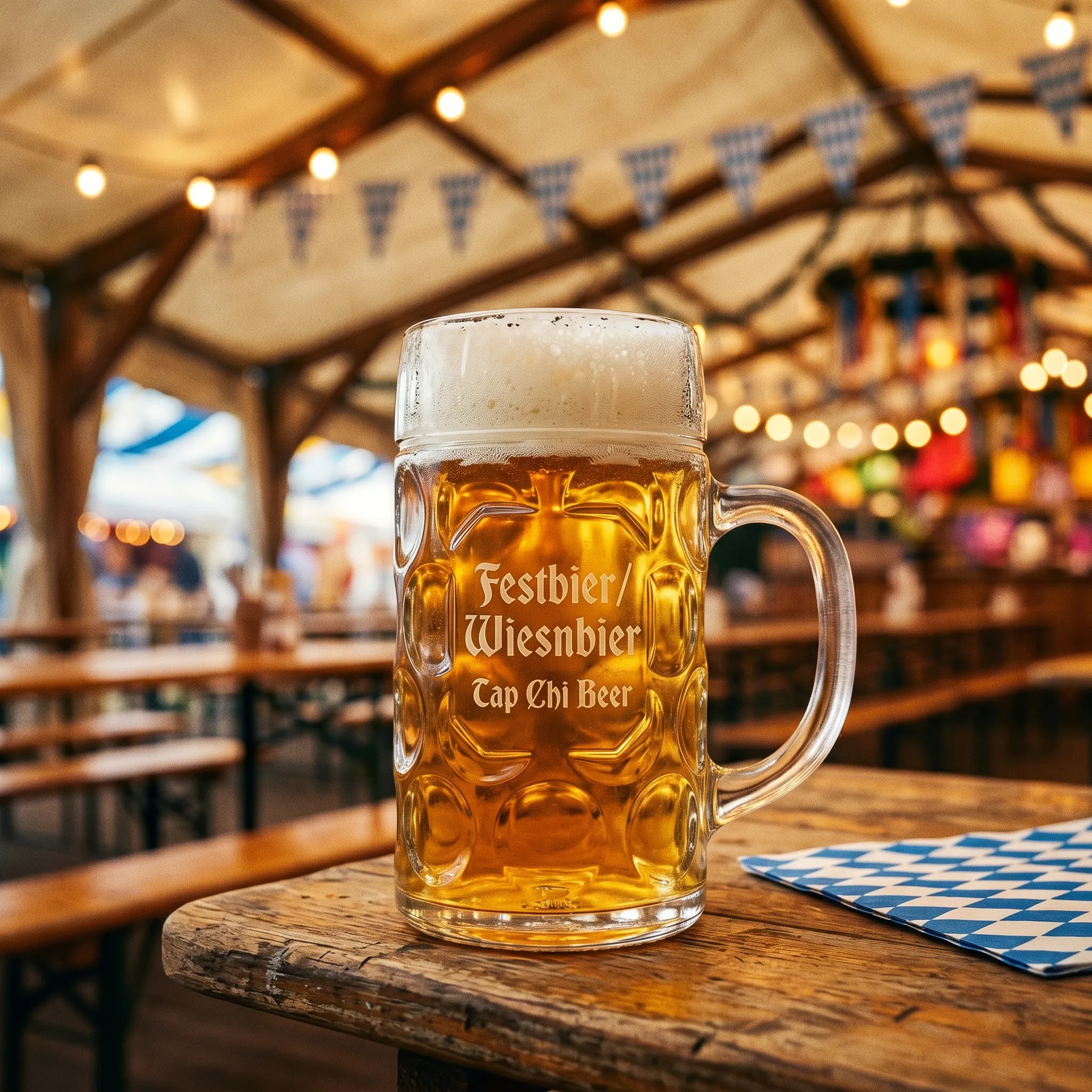 Ly Festbier màu vàng sáng với bọt trắng dày