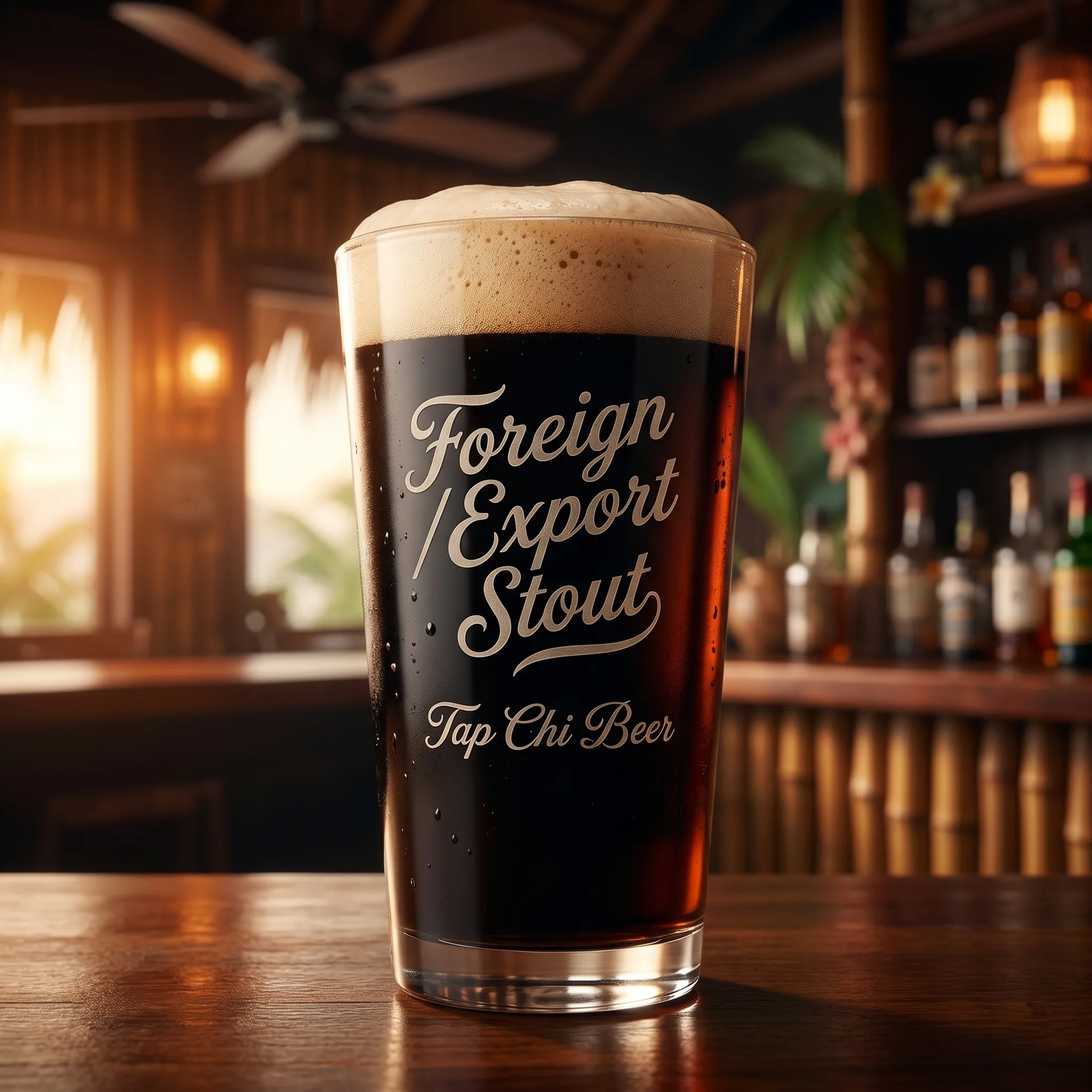 Ly Foreign Export Stout màu đen với bọt nâu