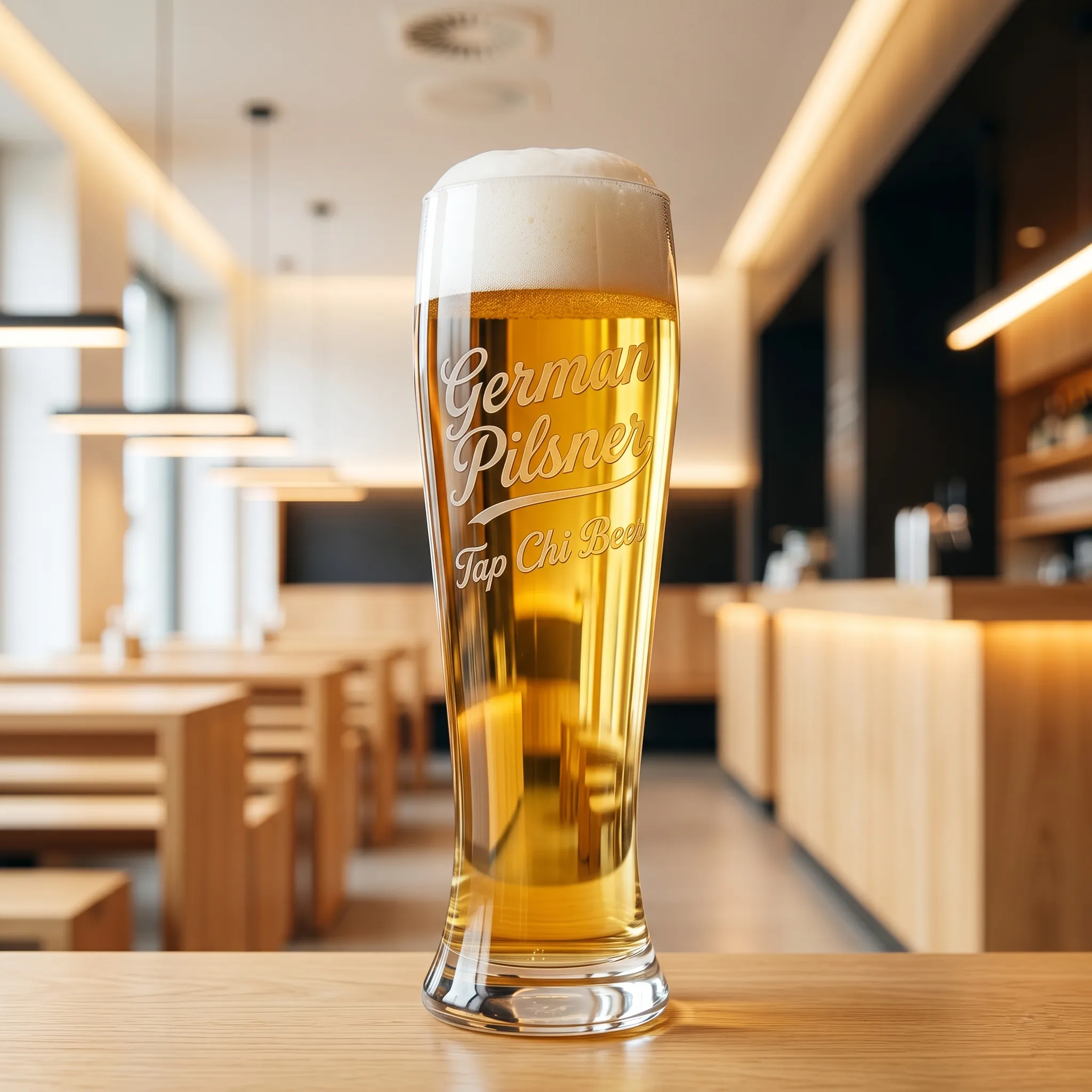 Ly German Pilsner màu vàng sáng trong suốt với bọt trắng