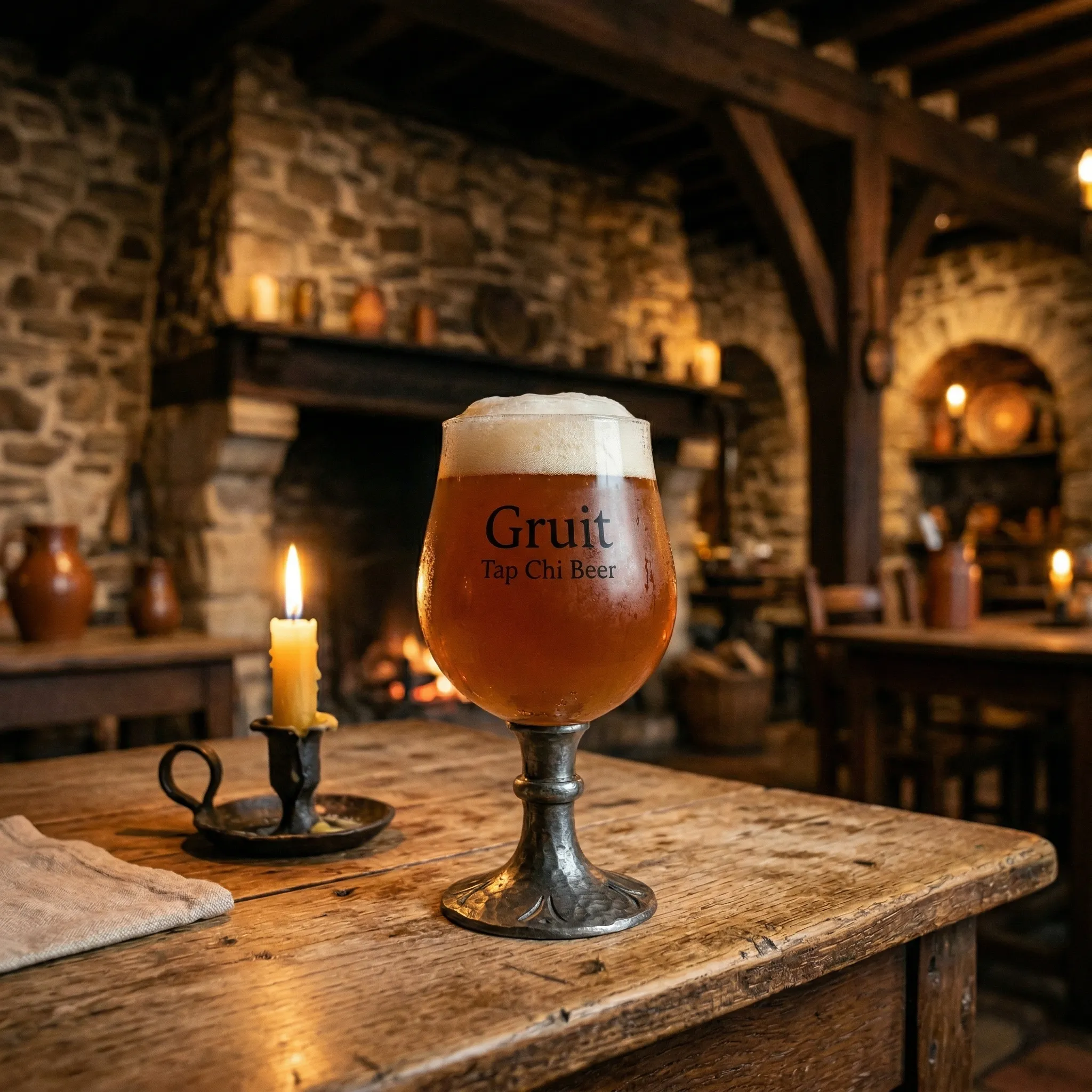 An amber Gruit glass with a white foamy head.