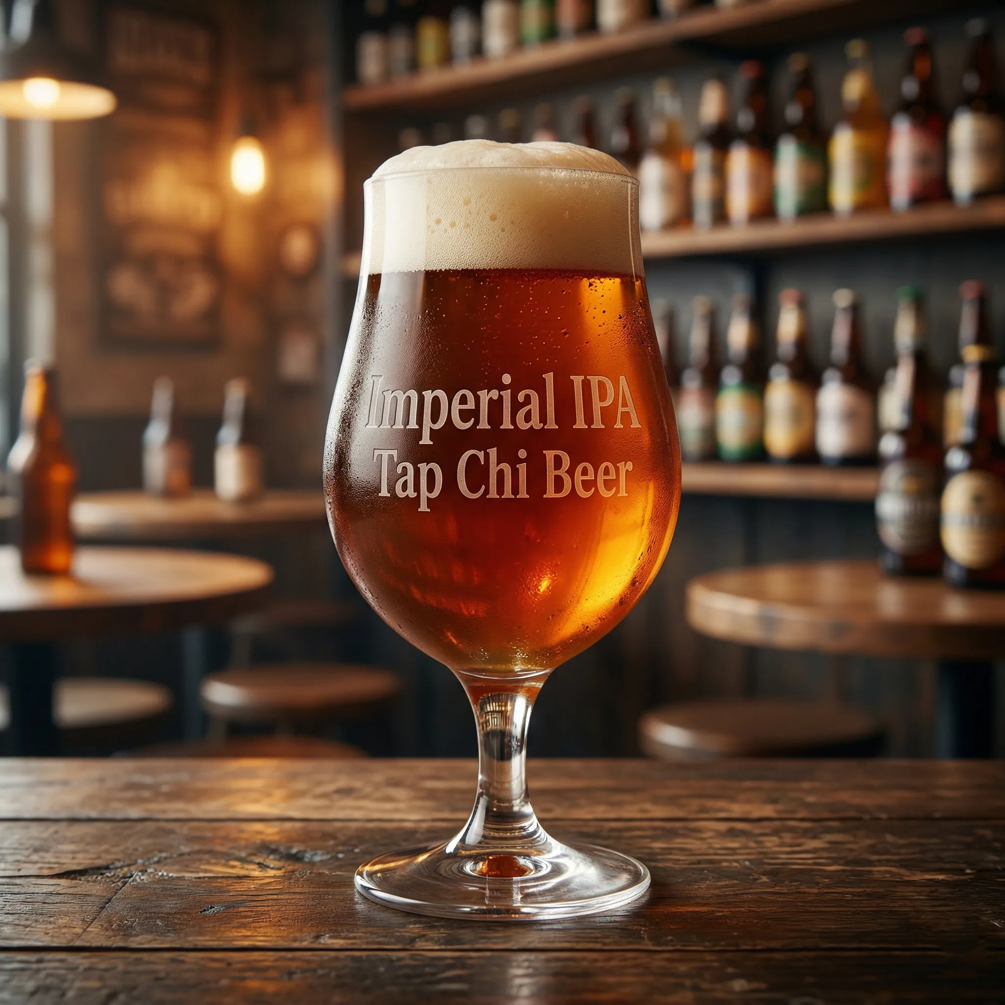Ly Imperial IPA màu hổ phách với bọt trắng