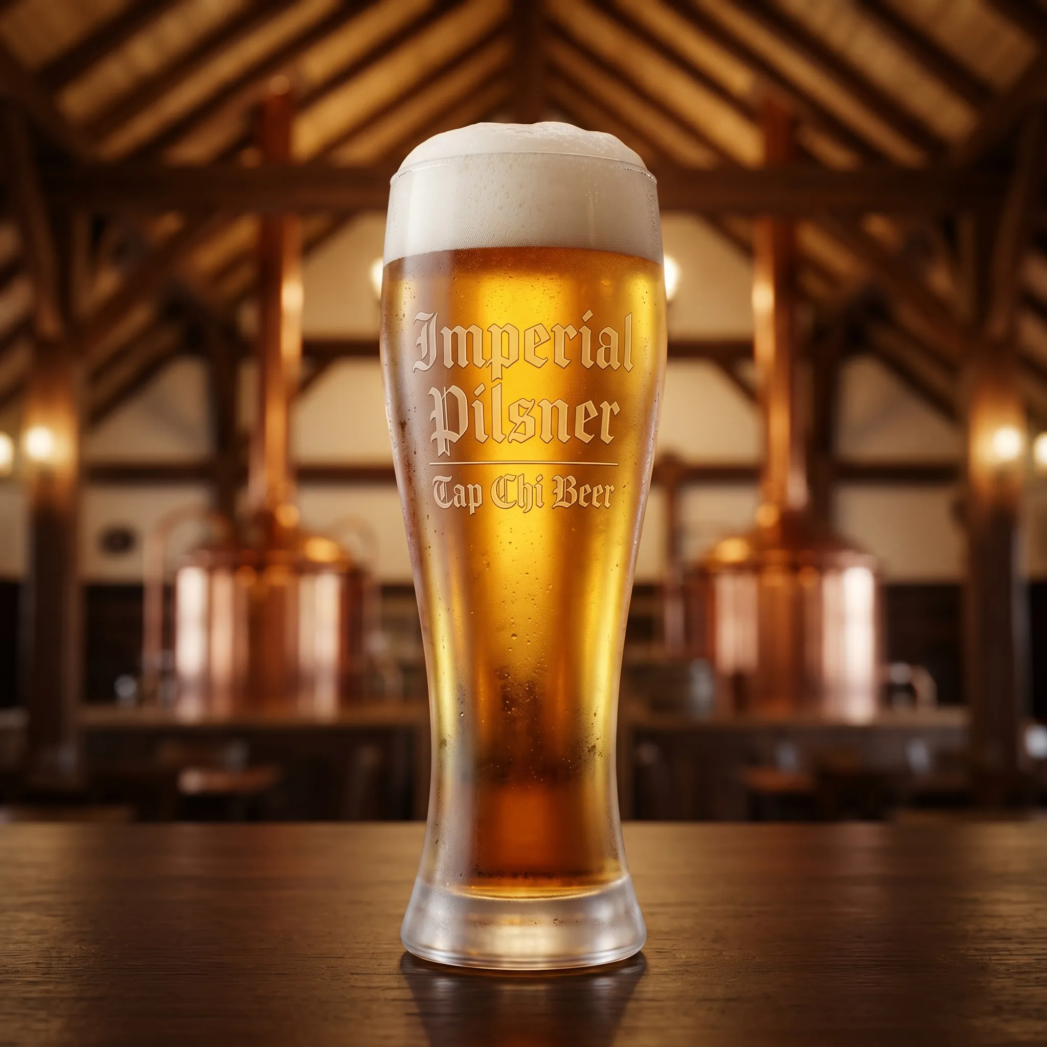 Ly Imperial Pilsner màu vàng đậm với bọt trắng