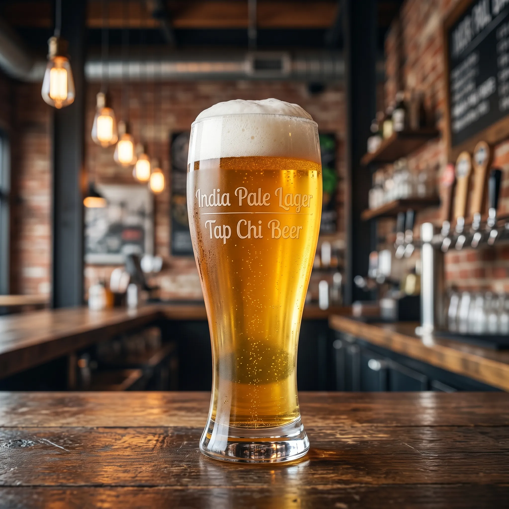 Ly India Pale Lager màu vàng sáng với bọt trắng