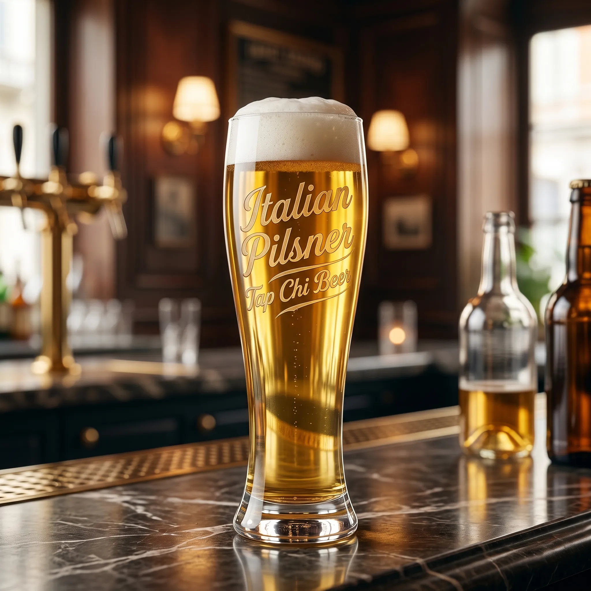 Ly Italian Pilsner màu vàng sáng với bọt trắng