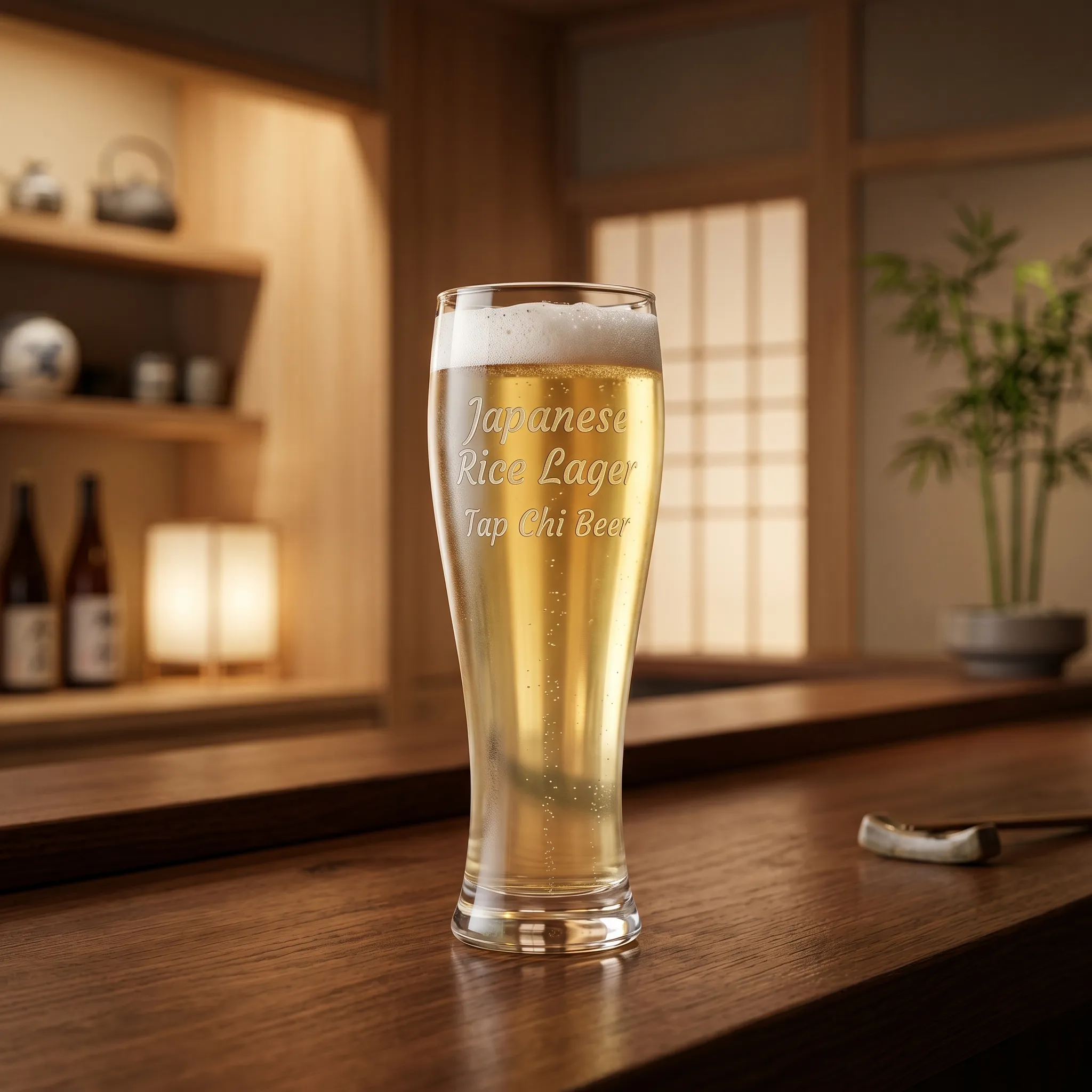 Ly Japanese Rice Lager màu vàng nhạt với bọt trắng