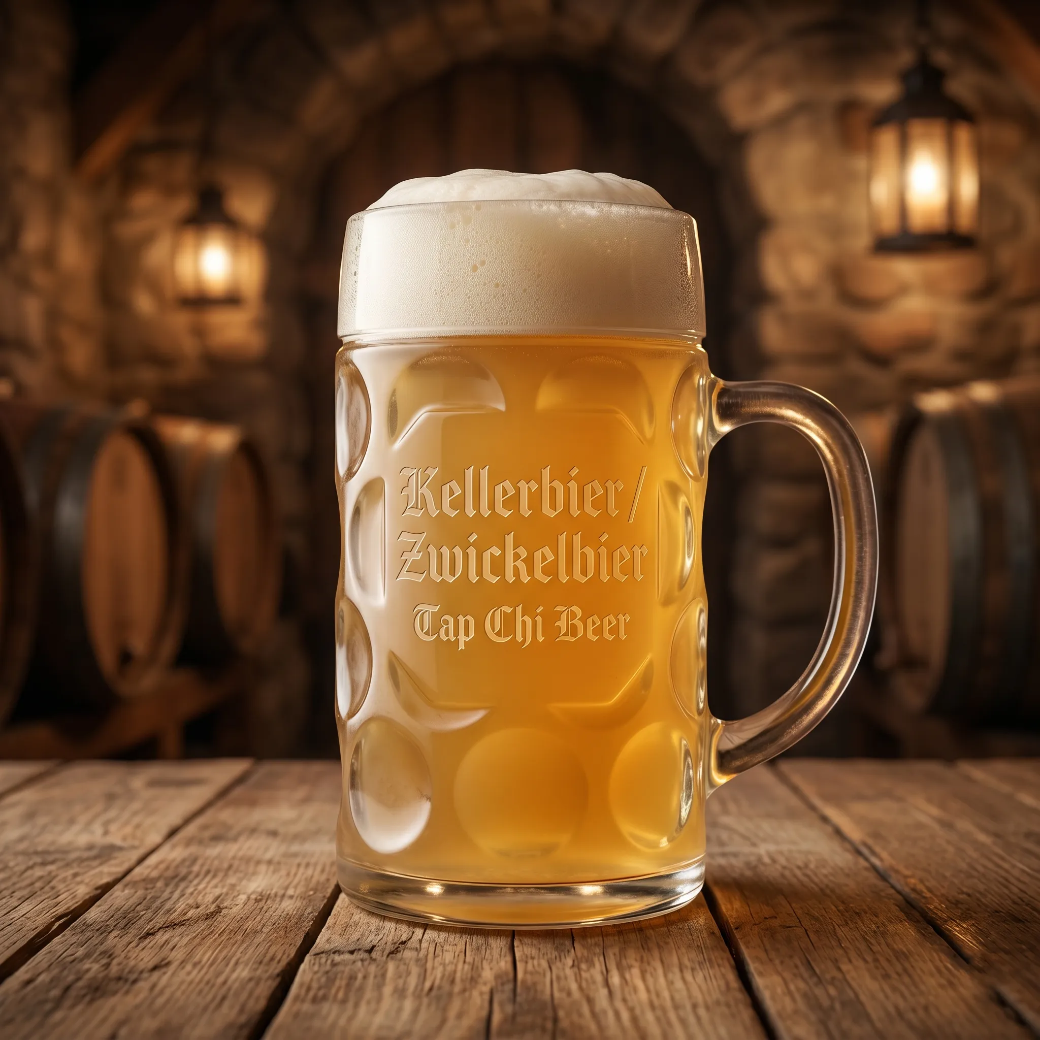 Ly Kellerbier màu vàng hơi đục với bọt trắng