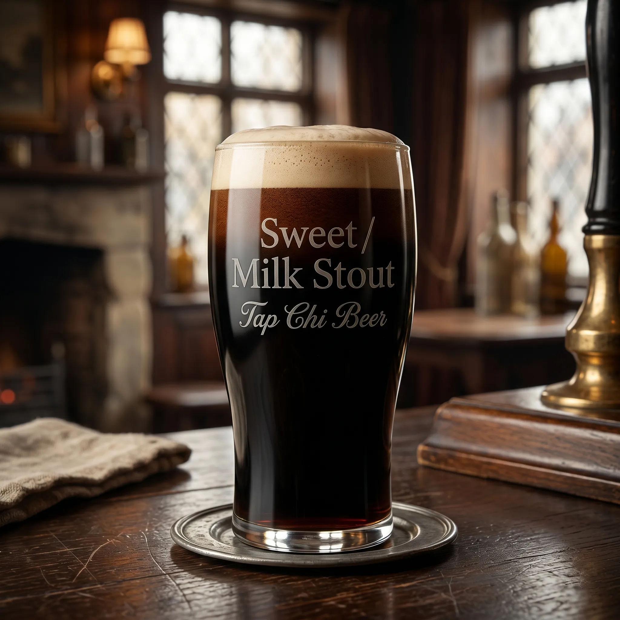 A black milk stout with fine foam.