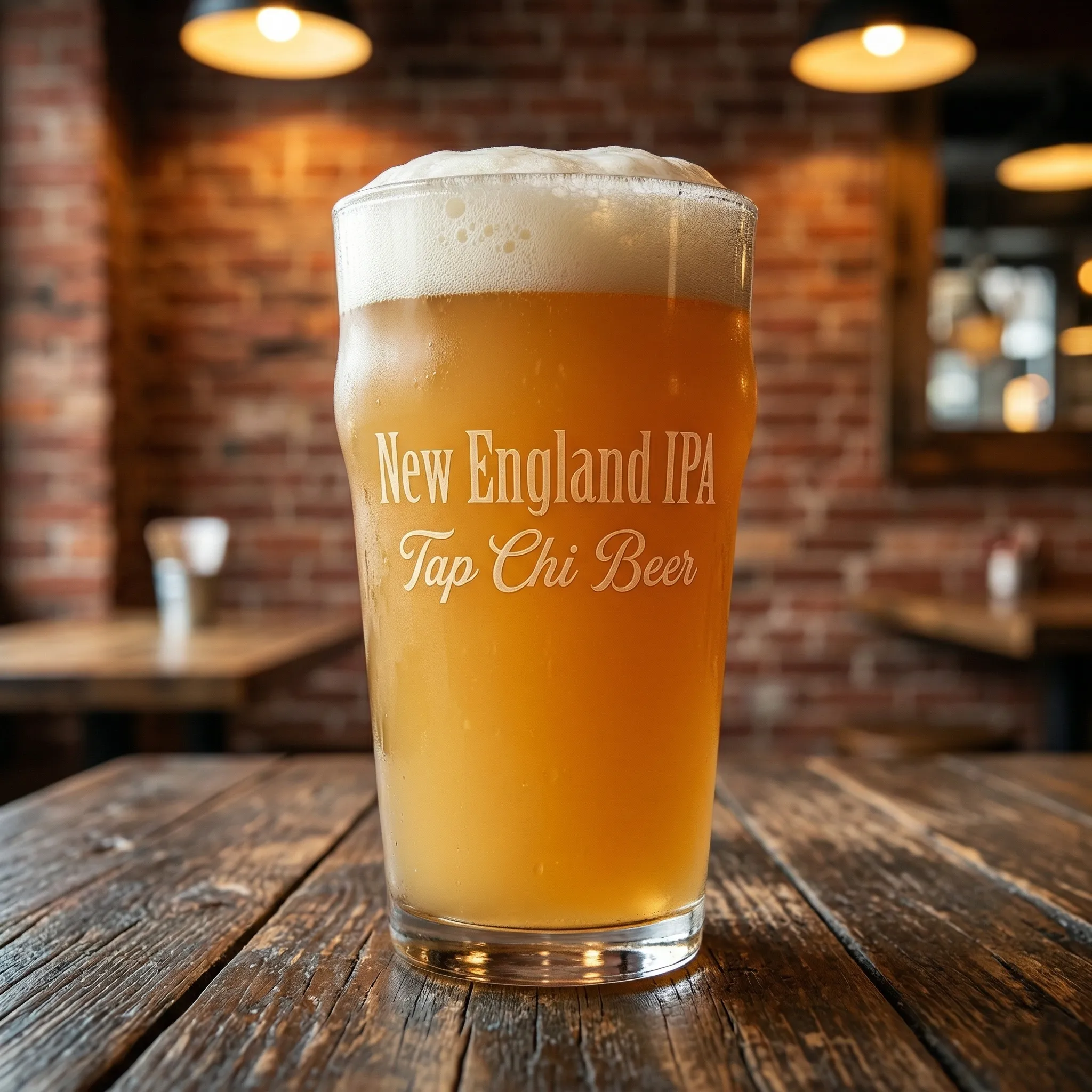 Ly New England IPA màu vàng đục với bọt trắng