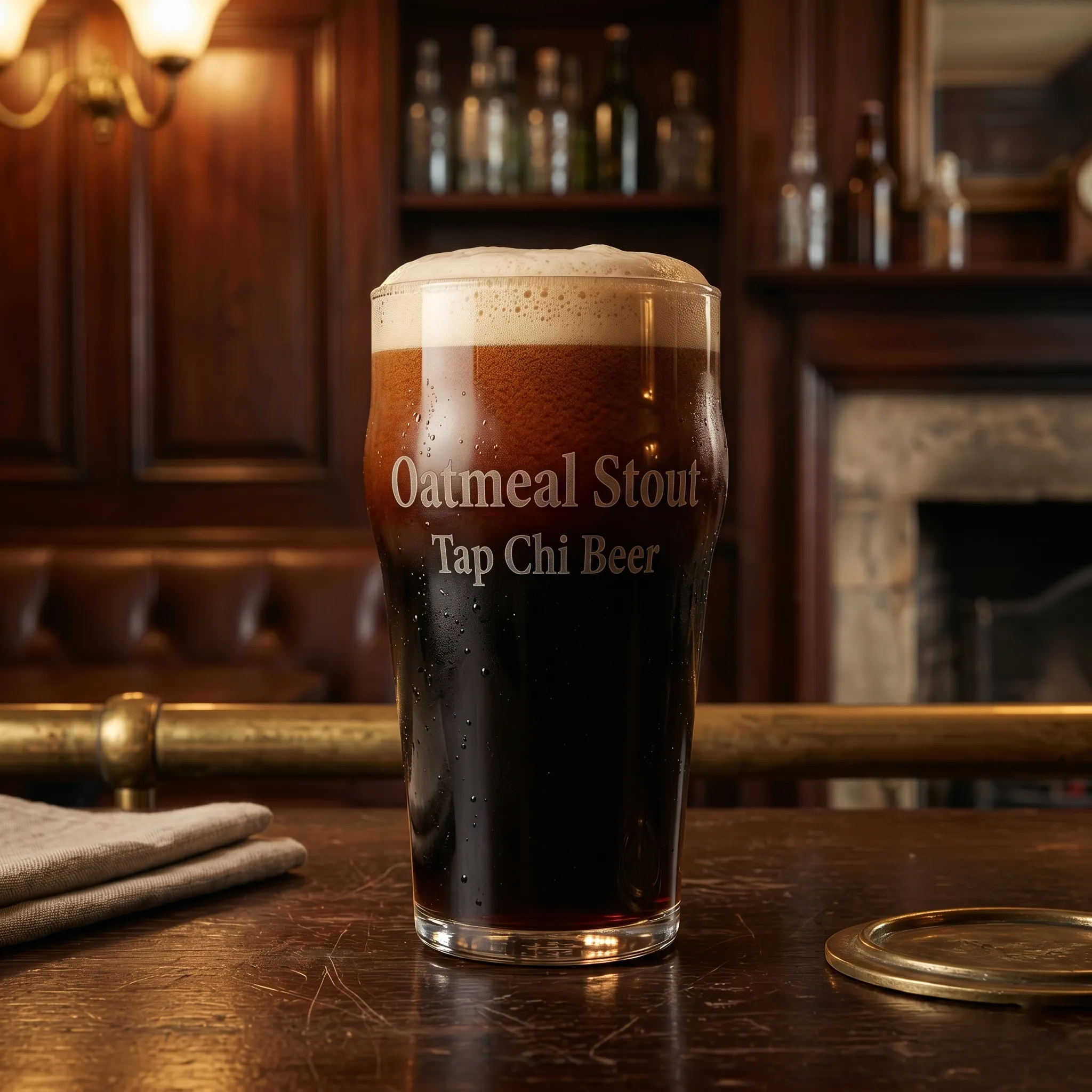 Ly Oatmeal Stout màu đen với bọt mịn