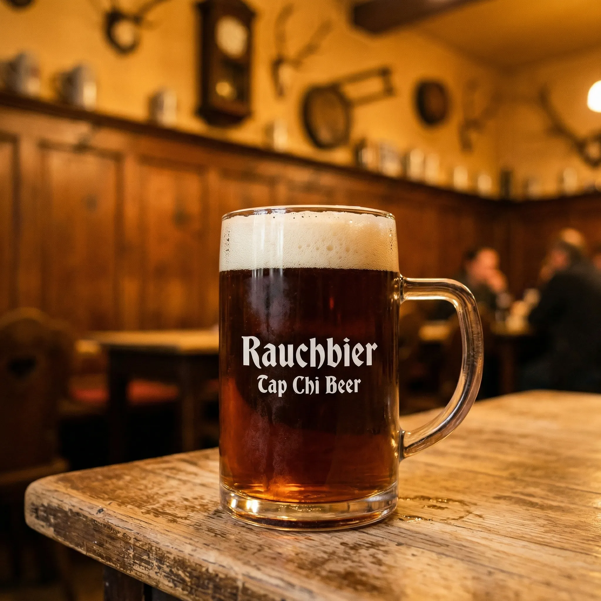 琥珀色のラオホビールで、クリーミーな泡がトッピングされている。