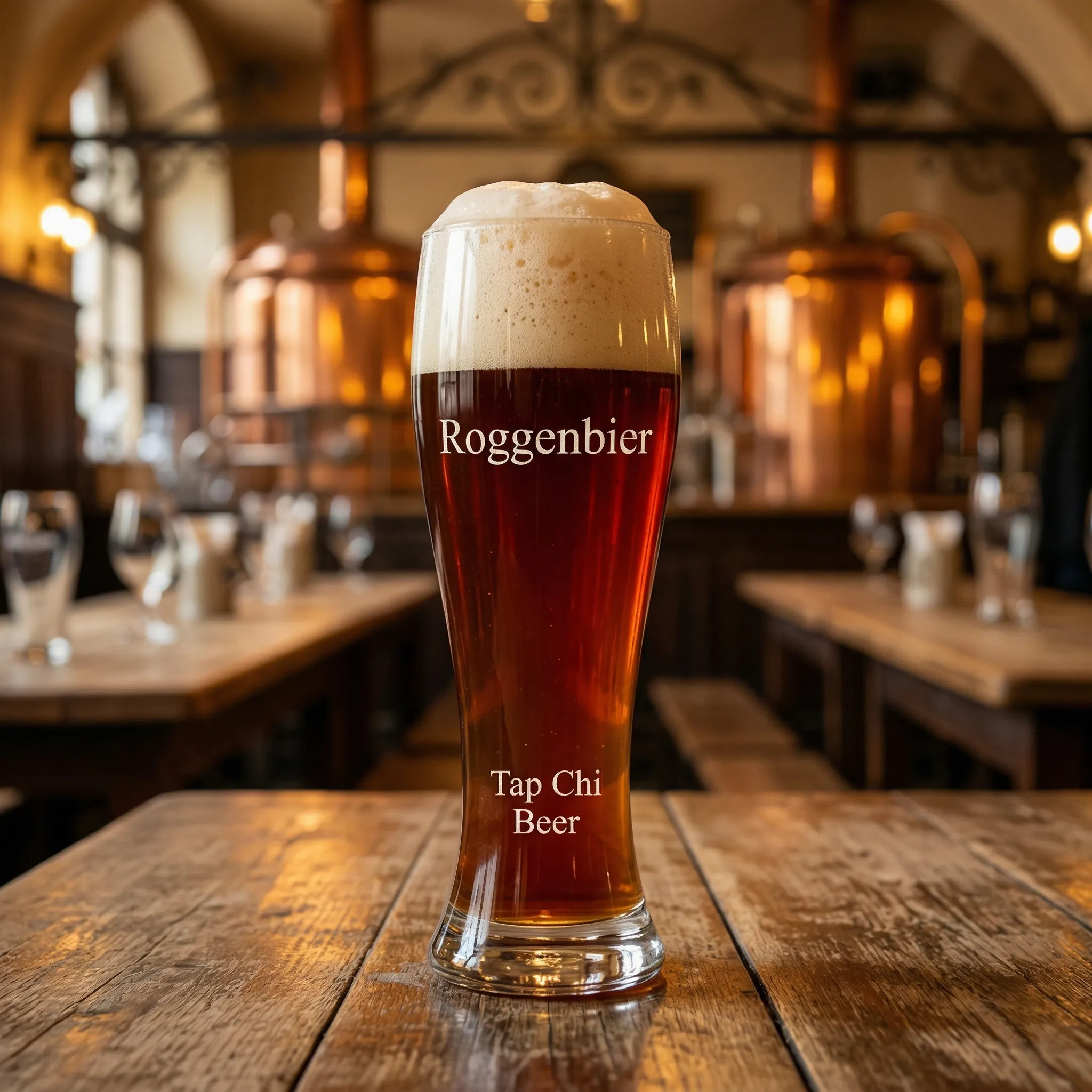 Ly Roggenbier màu nâu đỏ với lớp bọt trắng dày