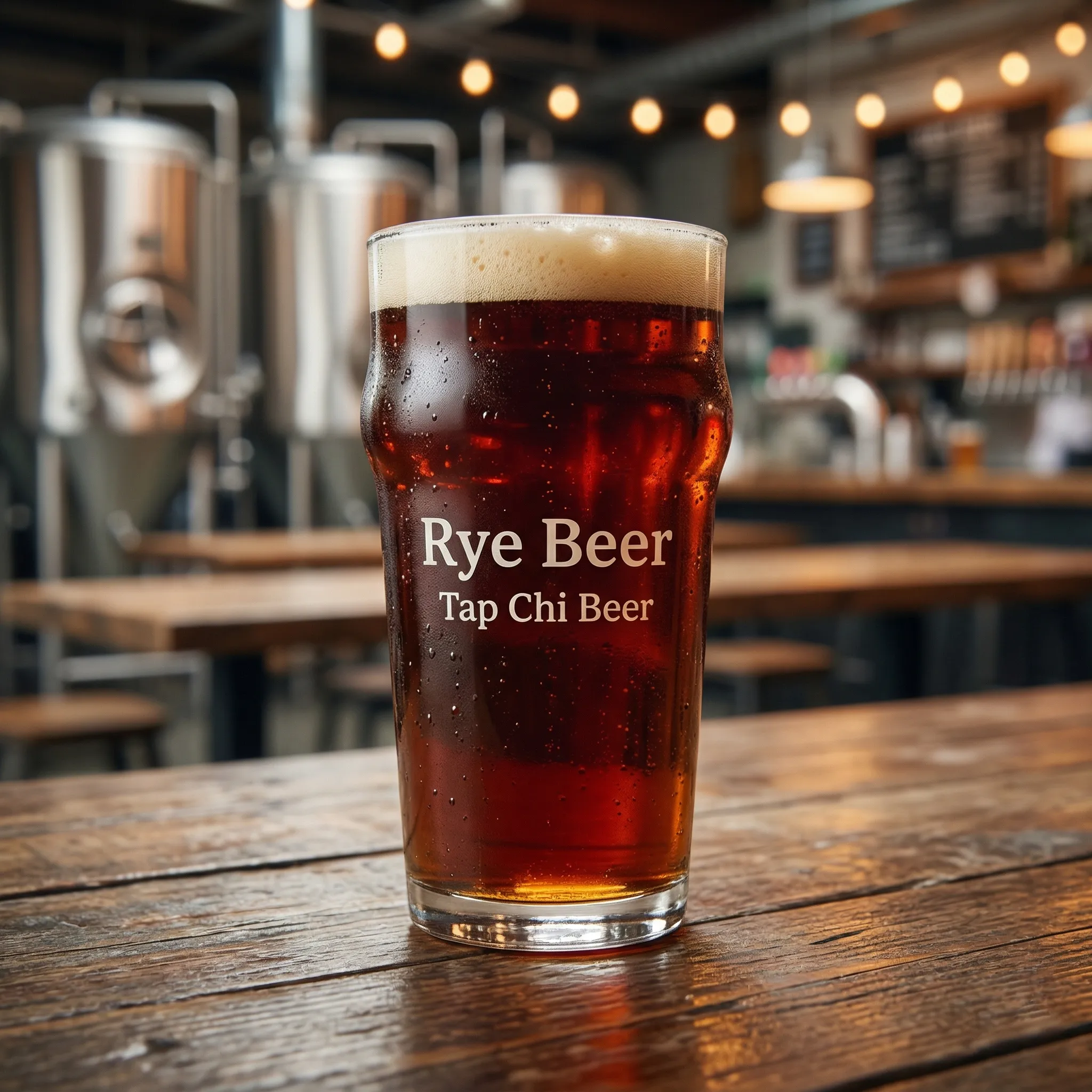 A glass of amber-colored Rye Beer with a white head of foam.