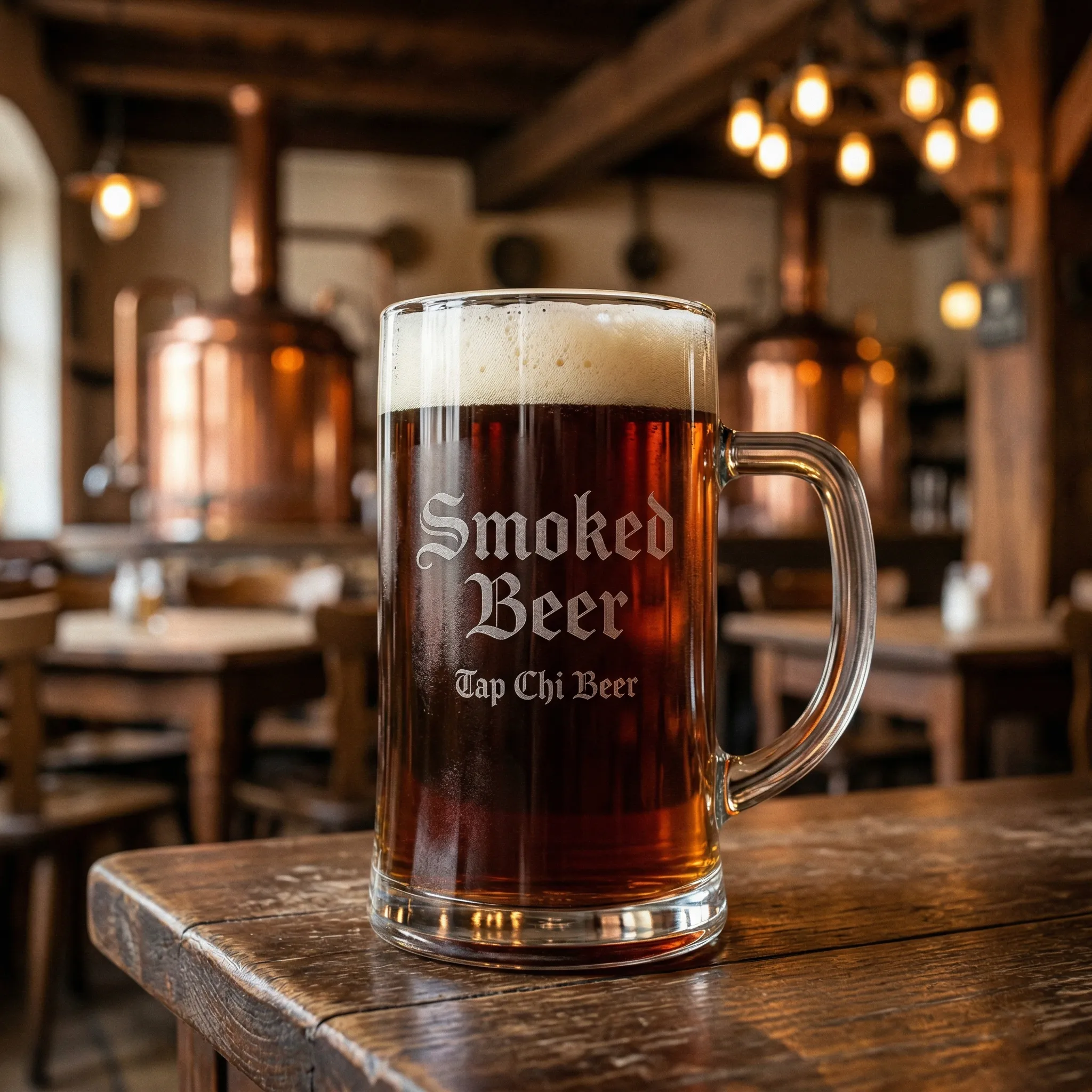 Ly Smoked Beer màu nâu đậm với lớp bọt kem