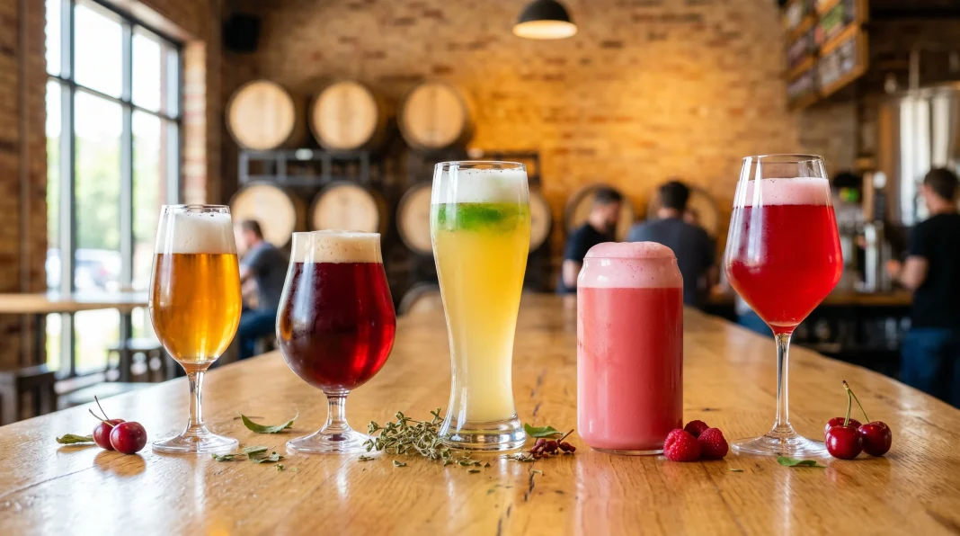 Năm ly bia chua khác nhau: Belgian Gueuze, Flanders Red Ale, Berliner Weisse, Smoothie Sour và Belgian Kriek Lambic xếp trên quầy gỗ Năm ly bia chua khác nhau: Belgian Gueuze, Flanders Red Ale, Berliner Weisse, Smoothie Sour và Belgian Kriek Lambic xếp trên quầy gỗ