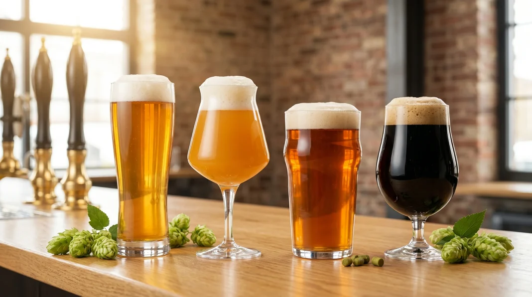Bốn ly IPA khác nhau: American IPA, Hazy IPA, English Pale Ale và Black IPA xếp trên quầy gỗ, có hoa hops xanh