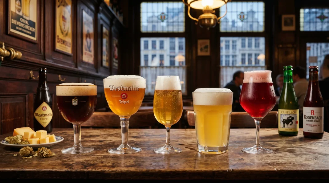 Năm ly bia Bỉ tiêu biểu: Trappist Quadrupel, Belgian Tripel, Gueuze, Witbier và Flanders Red Ale trên bàn gỗ trong quán Brown Cafe vintage Bỉ