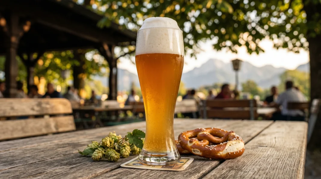 A cloudy golden Hefeweizen with a thick white foam in a traditional vase, placed on a wooden table in a Bavarian summer beer garden.