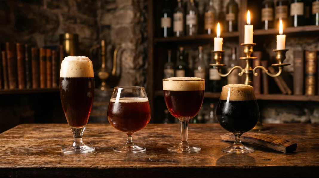 Bốn ly bia mạnh đại diện 4 trường phái: Doppelbock Đức, Barleywine Anh, Belgian Quadrupel và American Imperial Stout barrel-aged trong hầm rượu vintage