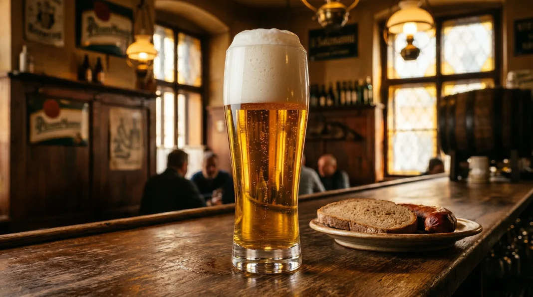 Ly Pilsner Czech vàng trong vắt với bọt trắng dày 4cm trong quán pub vintage Bohemian Pilsen với bánh mì rye và sausage