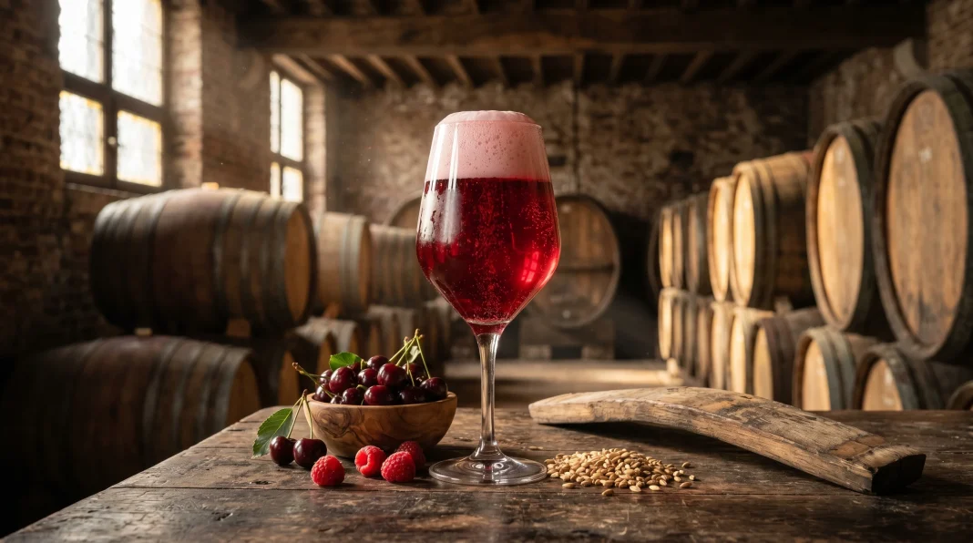 Ly Kriek Lambic đỏ ruby với cherries Schaarbeek và raspberries trên bàn gỗ vintage trong brewery Bỉ với foeders gỗ sồi