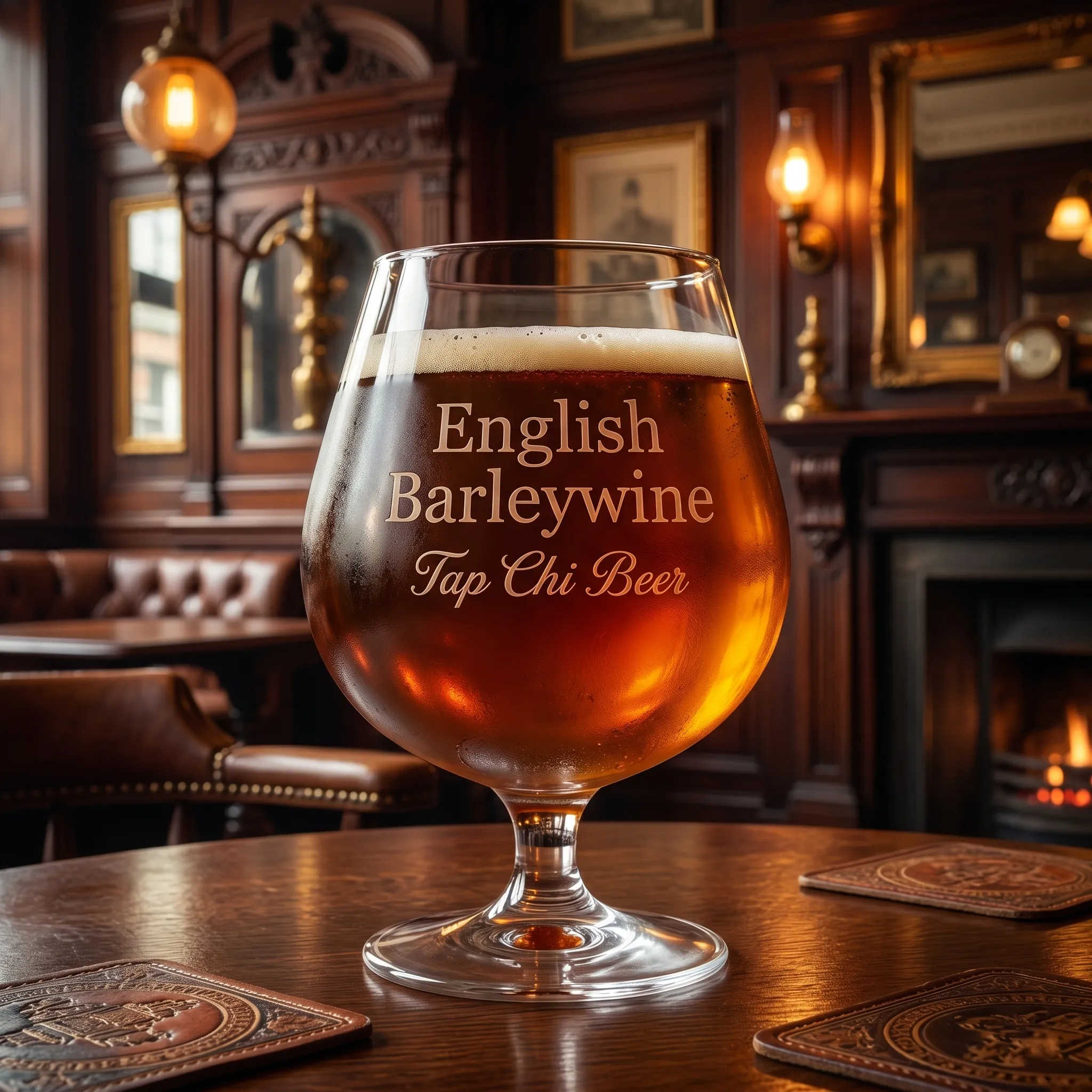 Ein Glas englischer Barleywine, von tiefer Bernsteinfarbe mit leichtem, cremigem Schaum.