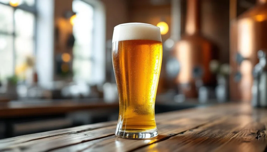 Ly bia American IPA màu hổ phách vàng với bọt trắng mịn trên quầy bar gỗ