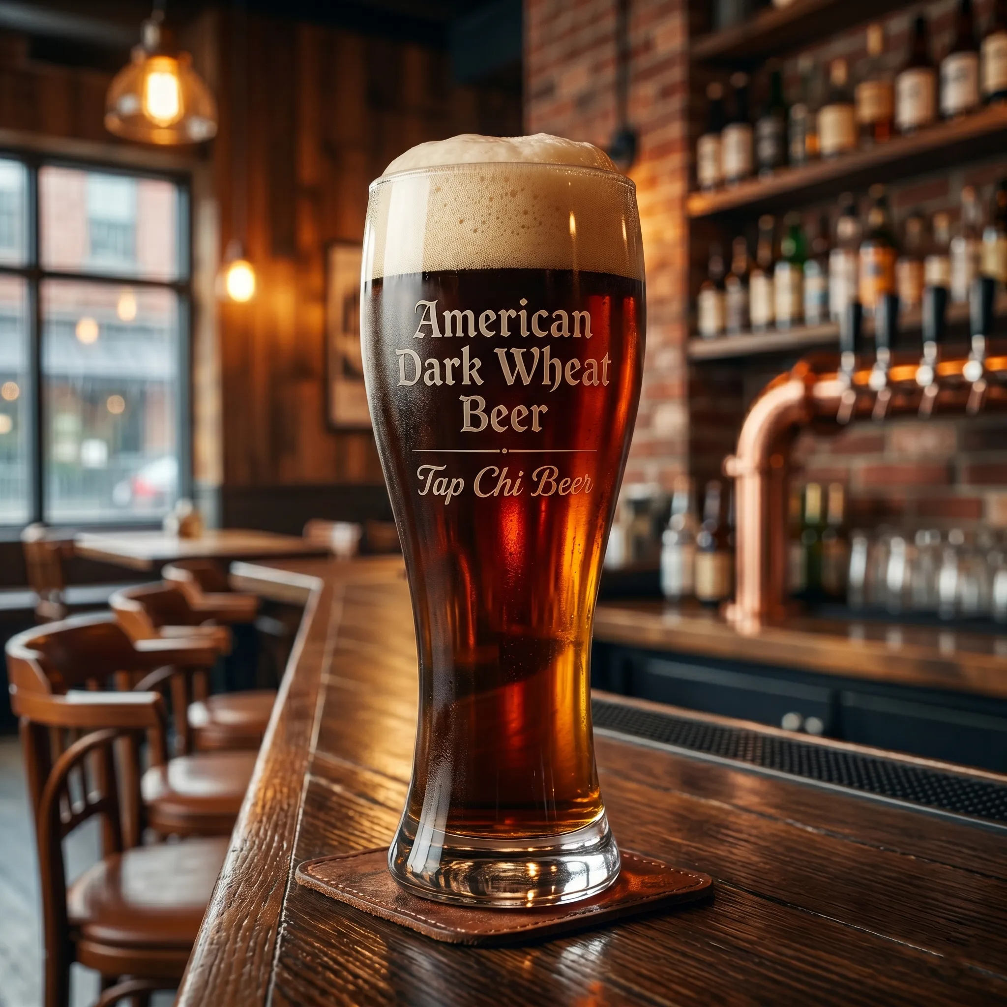 Ly American Dark Wheat Beer màu nâu chocolate với bọt dày
