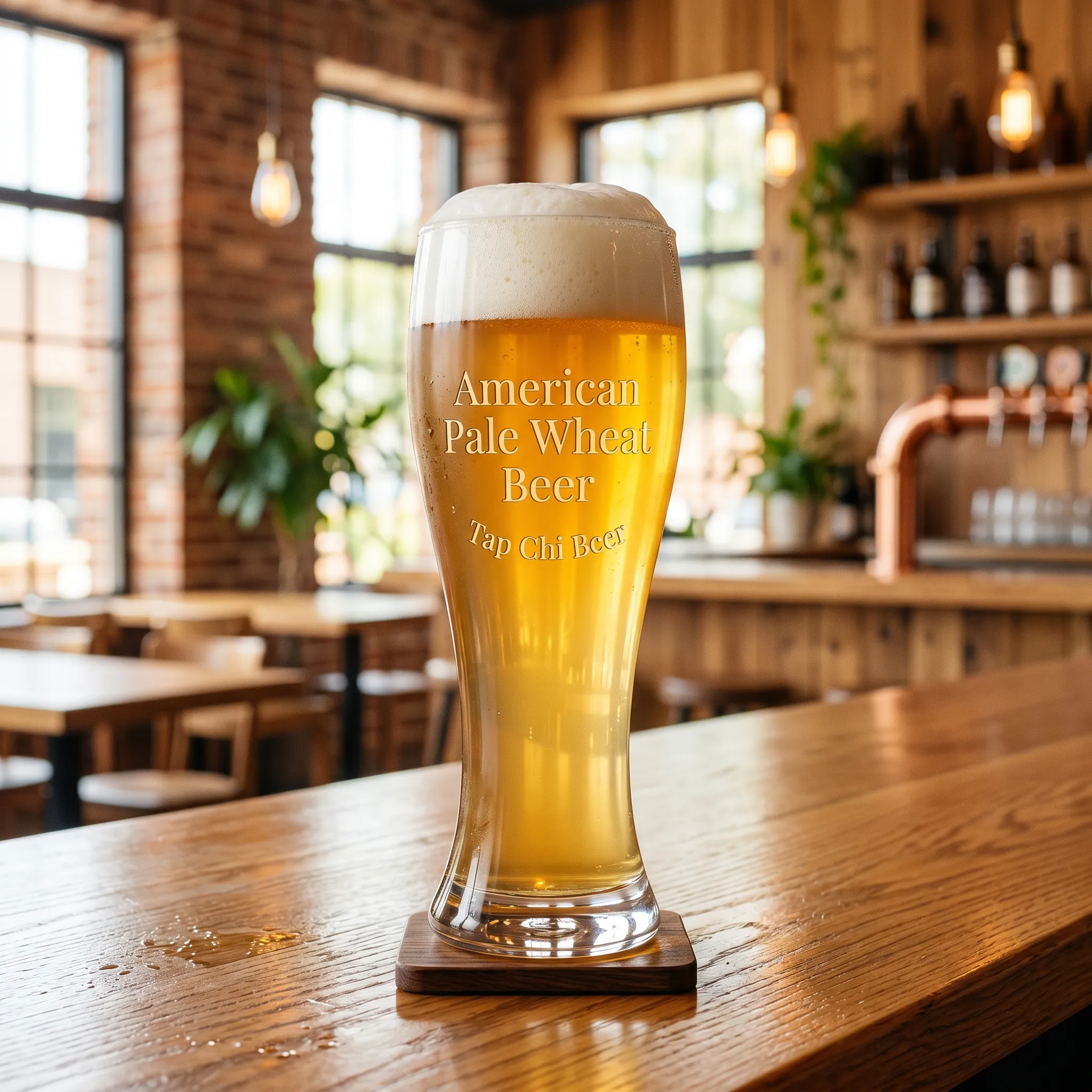 Titel: American Pale Wheat Beer – ein erfrischendes Weizenbier nach amerikanischer Art. Ein Glas American Pale Wheat Beer, leuchtend gelb mit einer dicken weißen Schaumkrone.