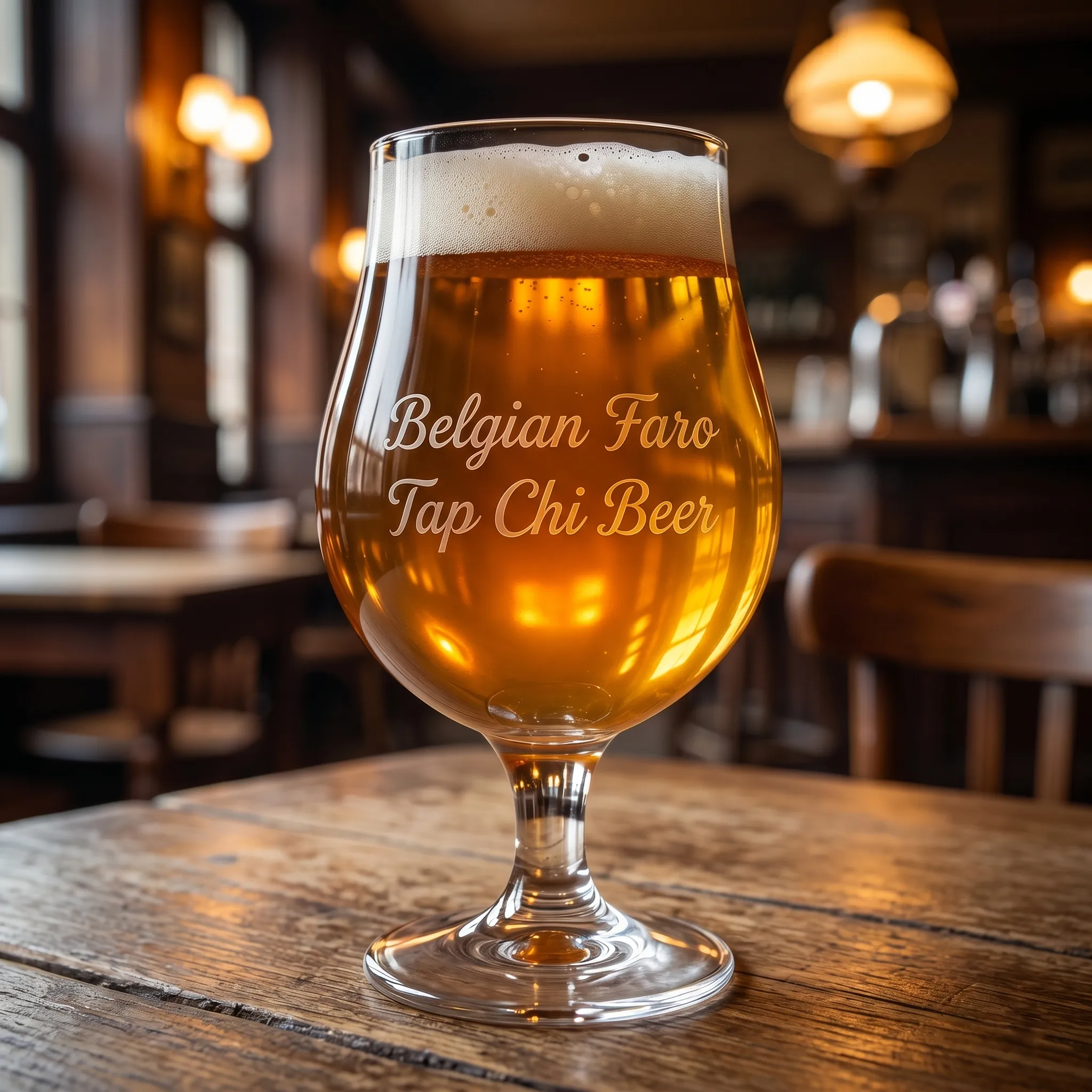 Belgian Faro – lambic chua ngọt truyền thống Brussels Ly Belgian Faro màu amber caramel với bọt kem trắng ngà