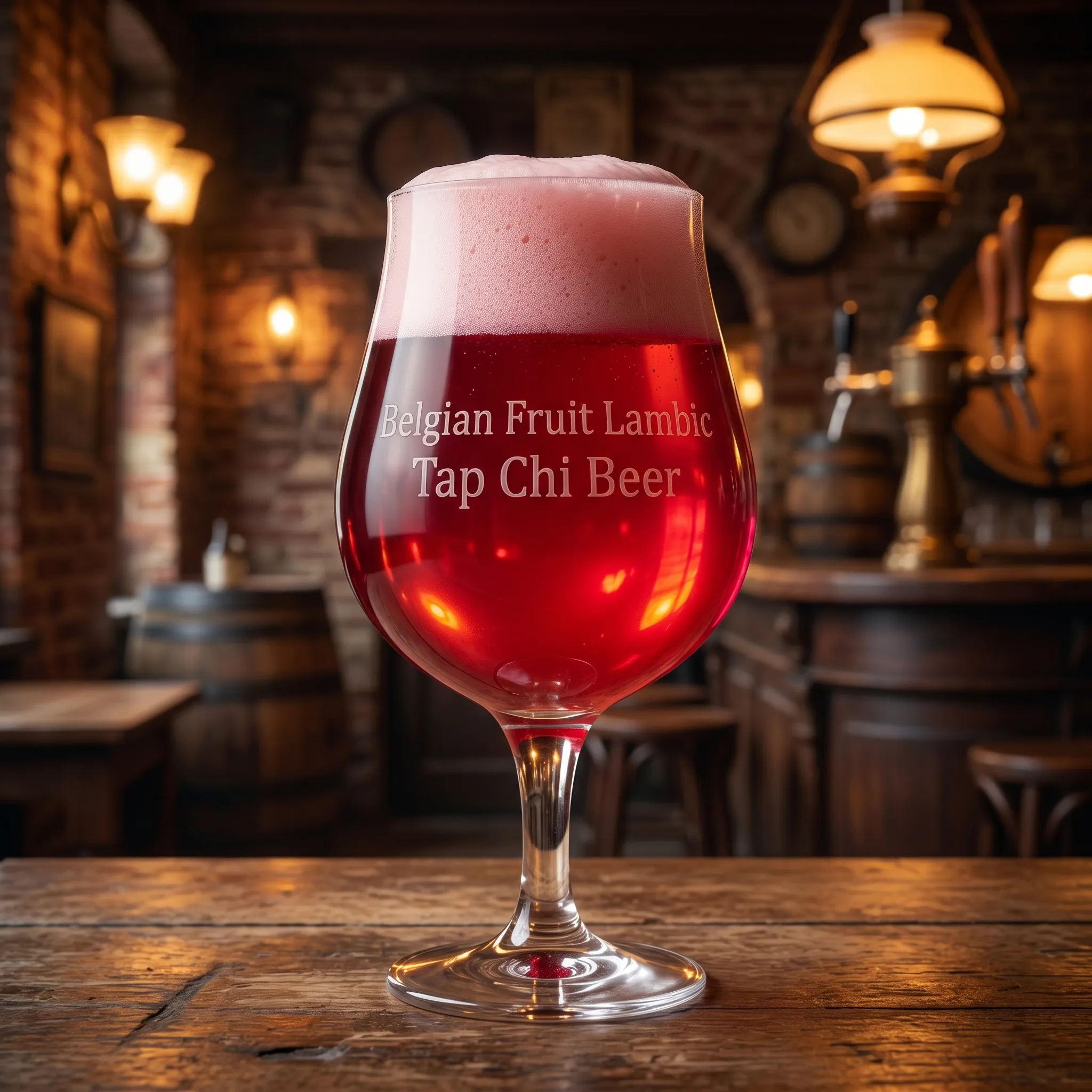 The Belgian Fruit Lambic is a ruby red glass with a light pink foam.