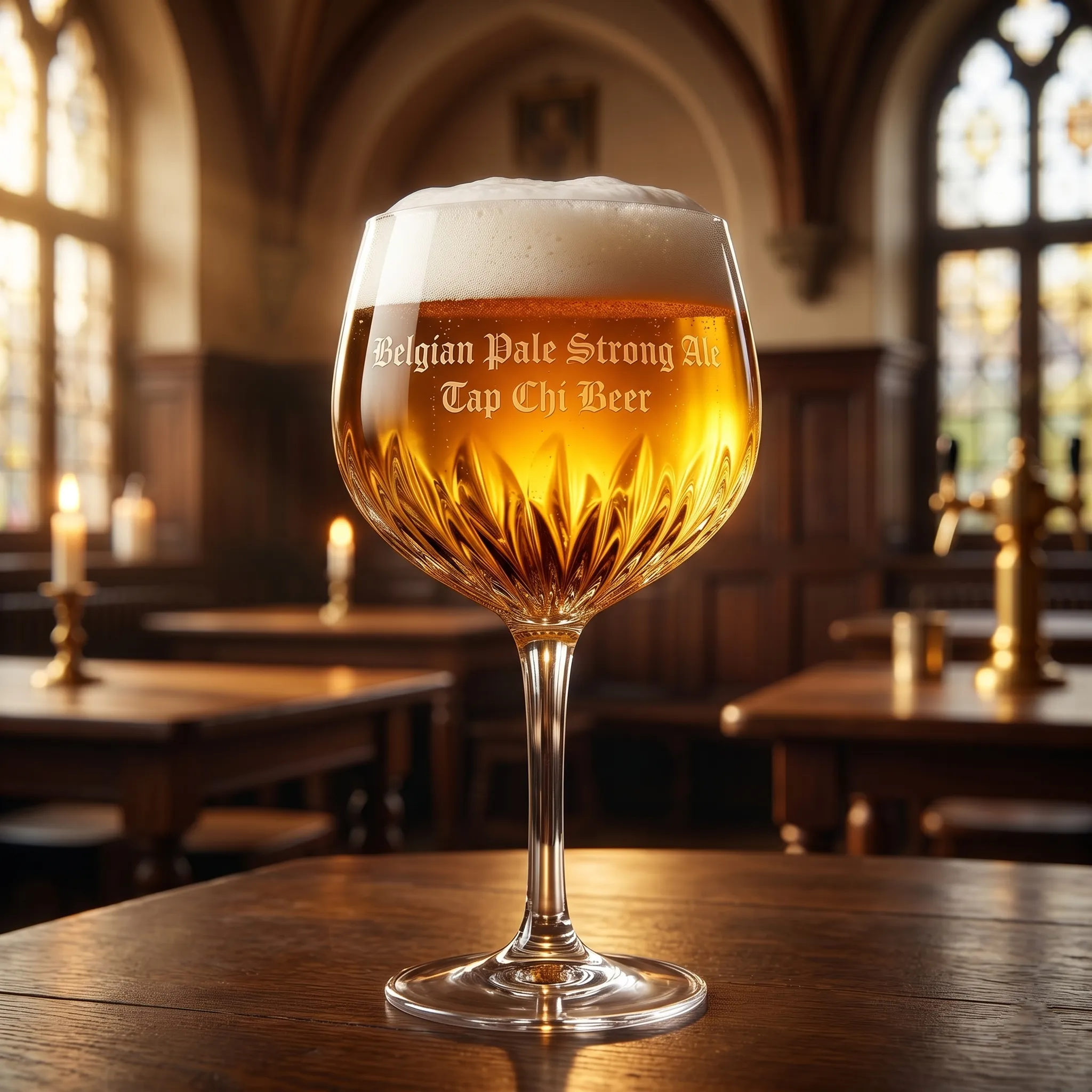 A glass of Belgian Pale Strong Ale, bright yellow with thick foam.