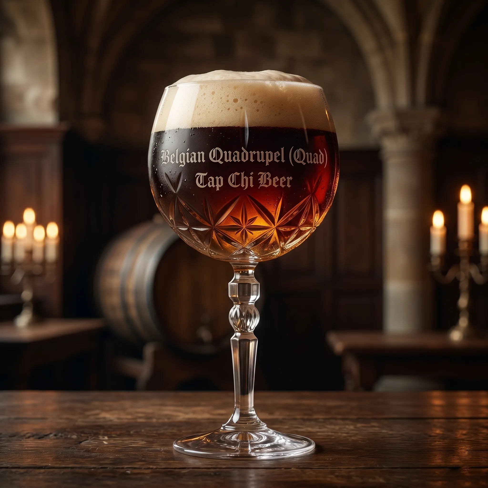 A glass of deep ruby brown Belgian Quadrupel with a thick head of foam.
