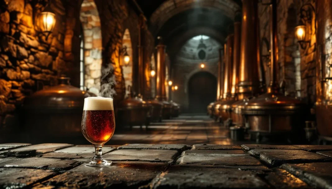 Belgian Trappist WLP500 — HERO_IMAGE Hầm lên men tu viện Bỉ với thùng đồng và ly bia Trappist màu hổ phách