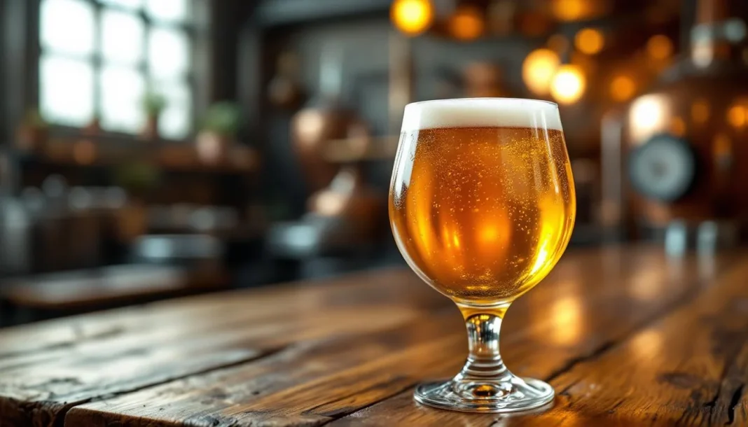 Ly bia ale màu vàng hổ phách với bọt mịn, đặt trên quầy bar gỗ trong xưởng bia thủ công