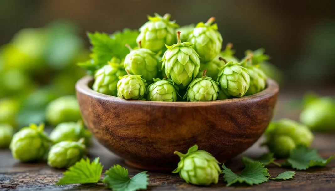 Cascade hops are fresh with their characteristic green color and yellow lupulin granules.
