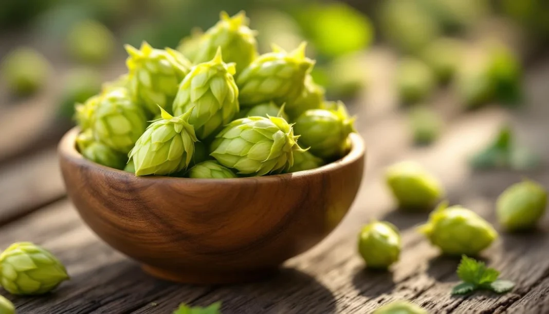 Nụ hoa bia Citra tươi màu xanh vàng trong bát gỗ