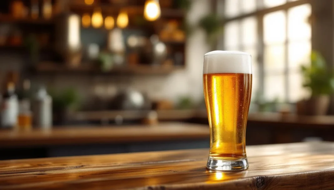 Czech Pils WLP800 — HERO_IMAGE Ly bia Pilsner Séc màu vàng óng với bọt trắng dày trên quầy bar gỗ cổ