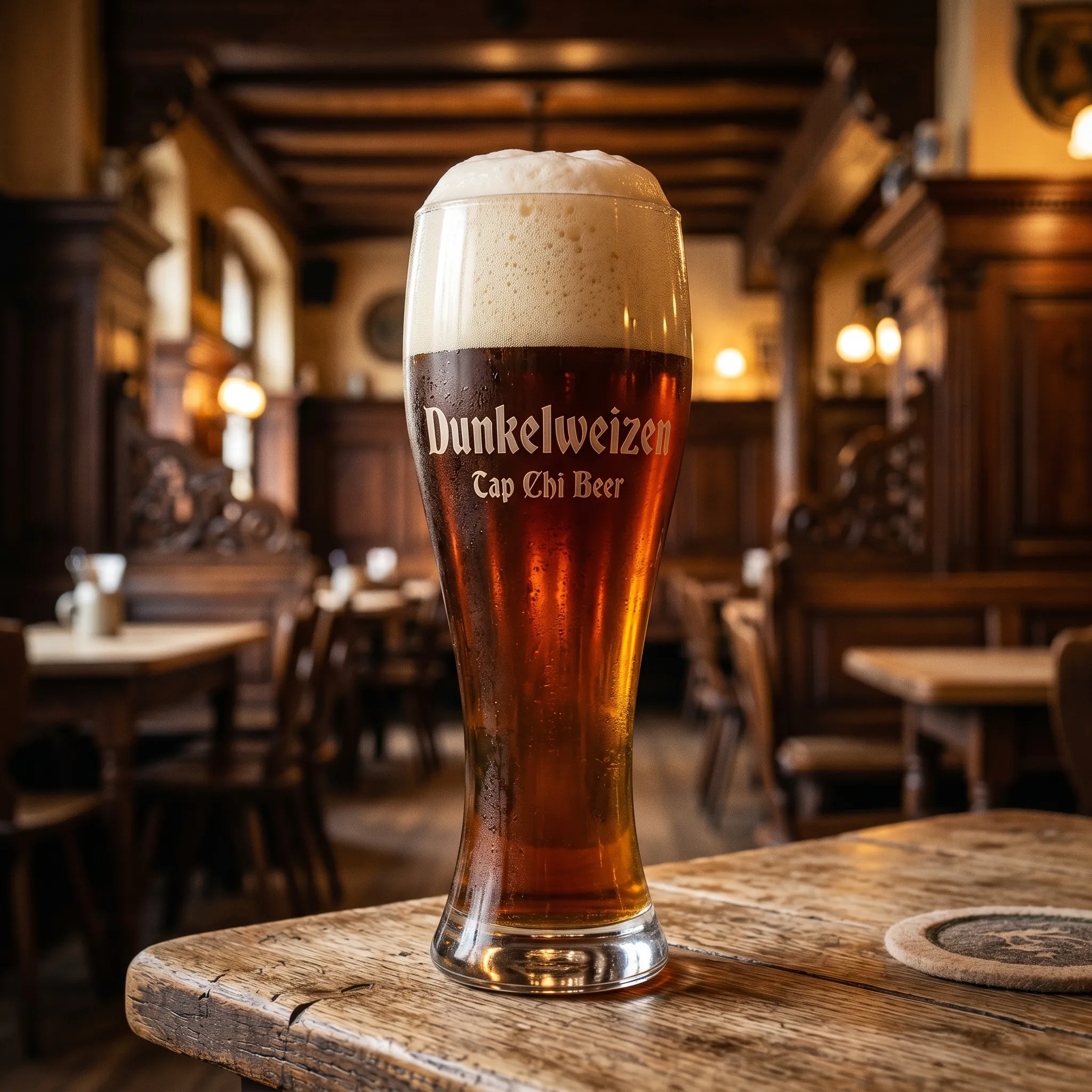 Dunkelweizen – wheat beer đậm màu kiểu Bavaria Ly Dunkelweizen màu nâu hổ phách với bọt trắng dày