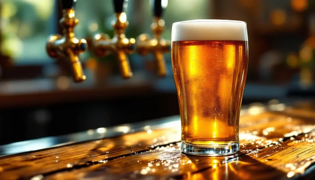 Cốc ale Anh màu hổ phách trong vắt với lớp bọt trắng mỏng trên quầy bar gỗ truyền thống