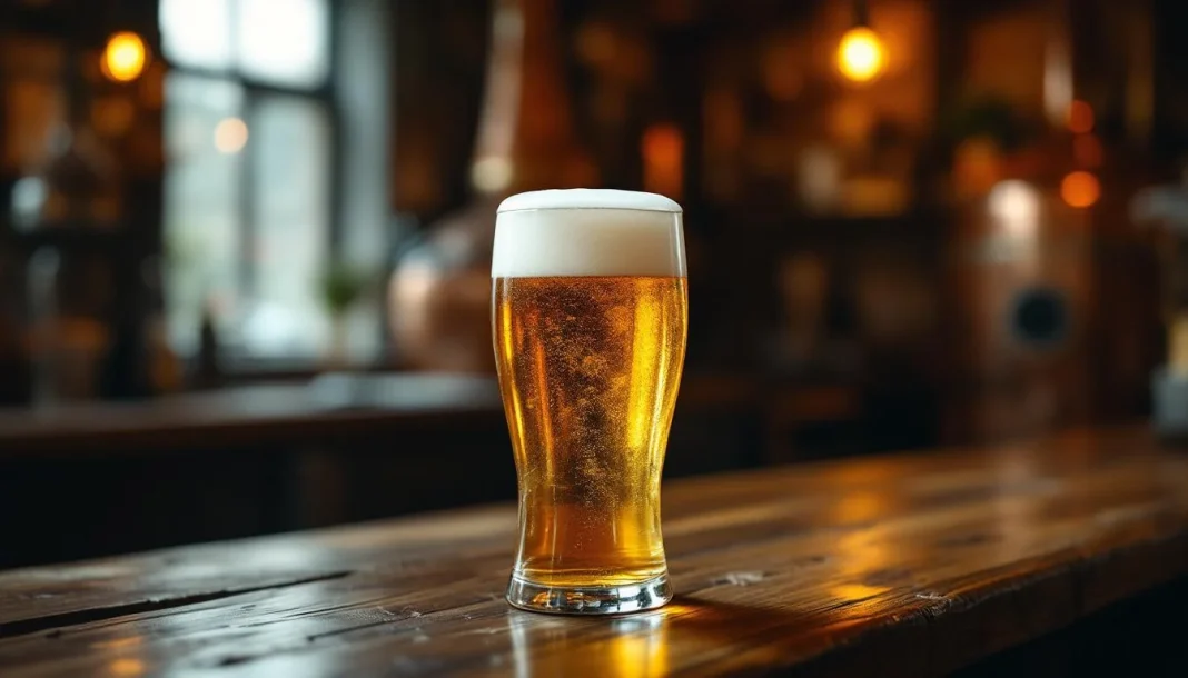 Deutsches Lager WLP830 — HERO_IMAGE Ein Glas goldgelbes deutsches Pilsner mit einer glatten weißen Schaumkrone in einer bayerischen Kneipe.