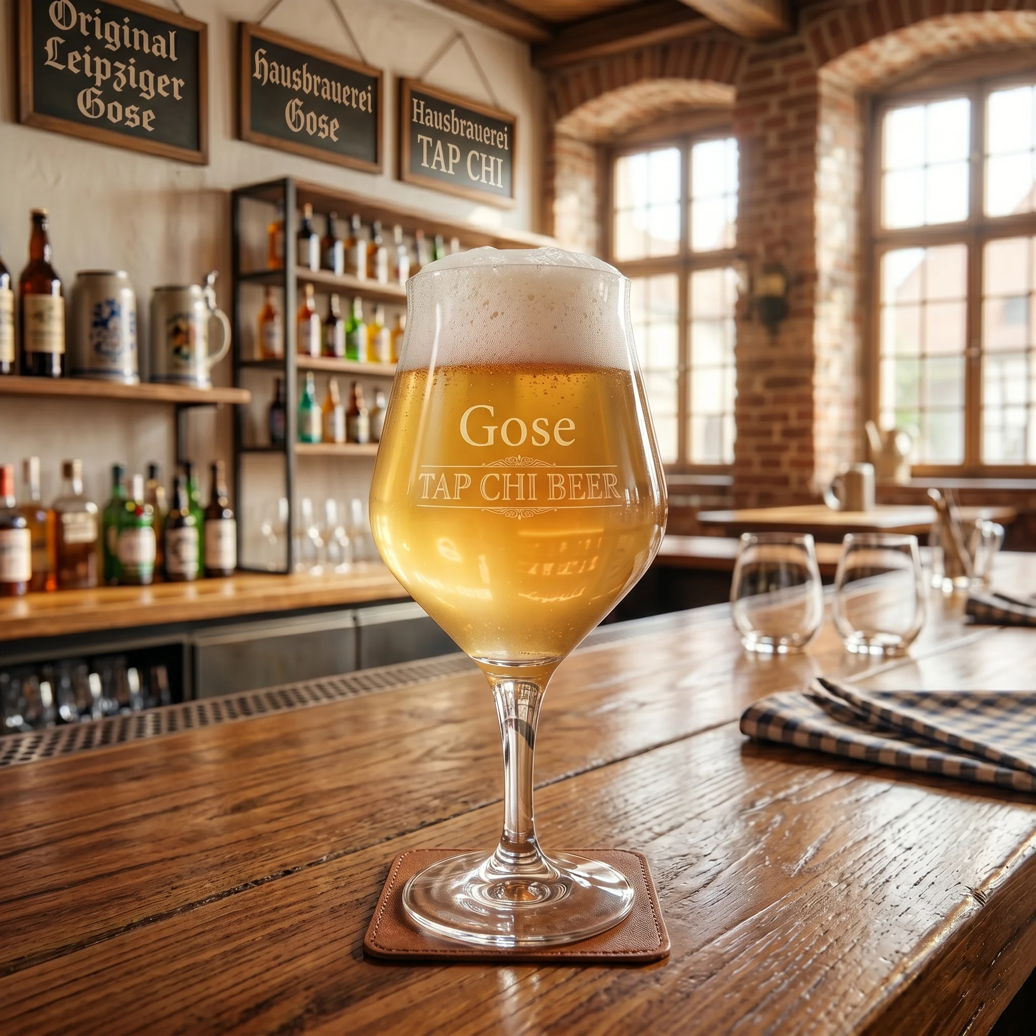 Gose – sour wheat beer mặn nhẹ kiểu Đức Ly Gose màu vàng sáng với bọt trắng dày