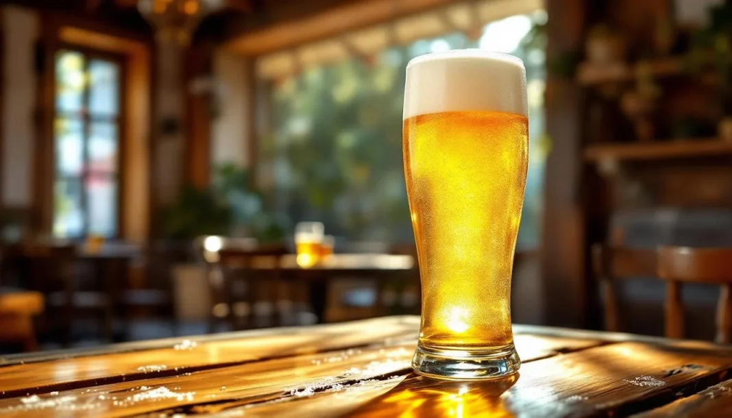 Hefeweizen WLP300 — HERO_IMAGE Ly bia Hefeweizen vàng đục với lớp bọt trắng dày, đặt trên bàn gỗ trong quán bia Đức