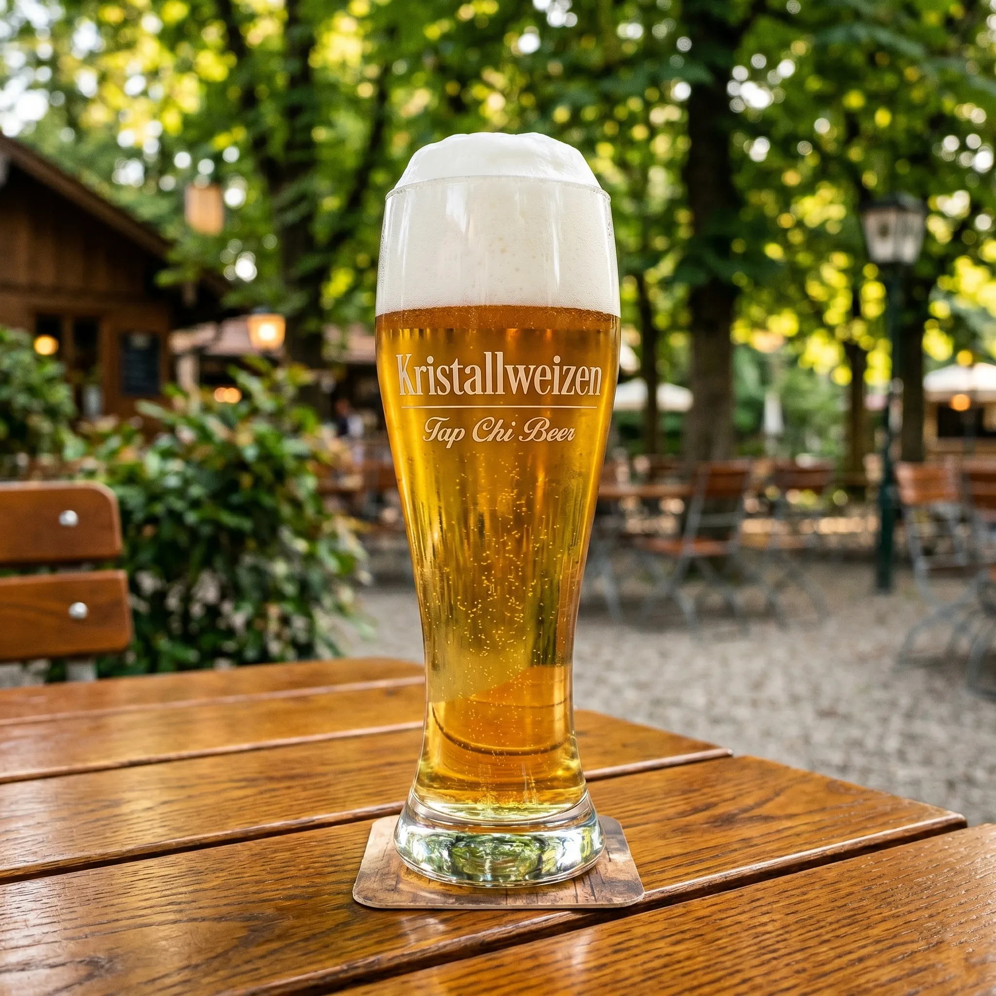 Kristallweizen – Bayerisches gefiltertes Weizenbier Das Kristallweizenglas ist ein leuchtend gelbes Glas mit einer dicken Schicht aus weißem Schaum.