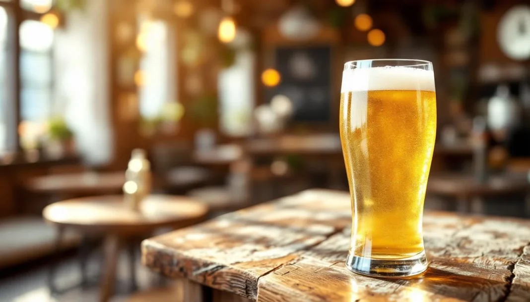 Ly bia Berliner Weisse vàng nhạt đục nhẹ với bọt khí li ti trên quầy bar gỗ cổ