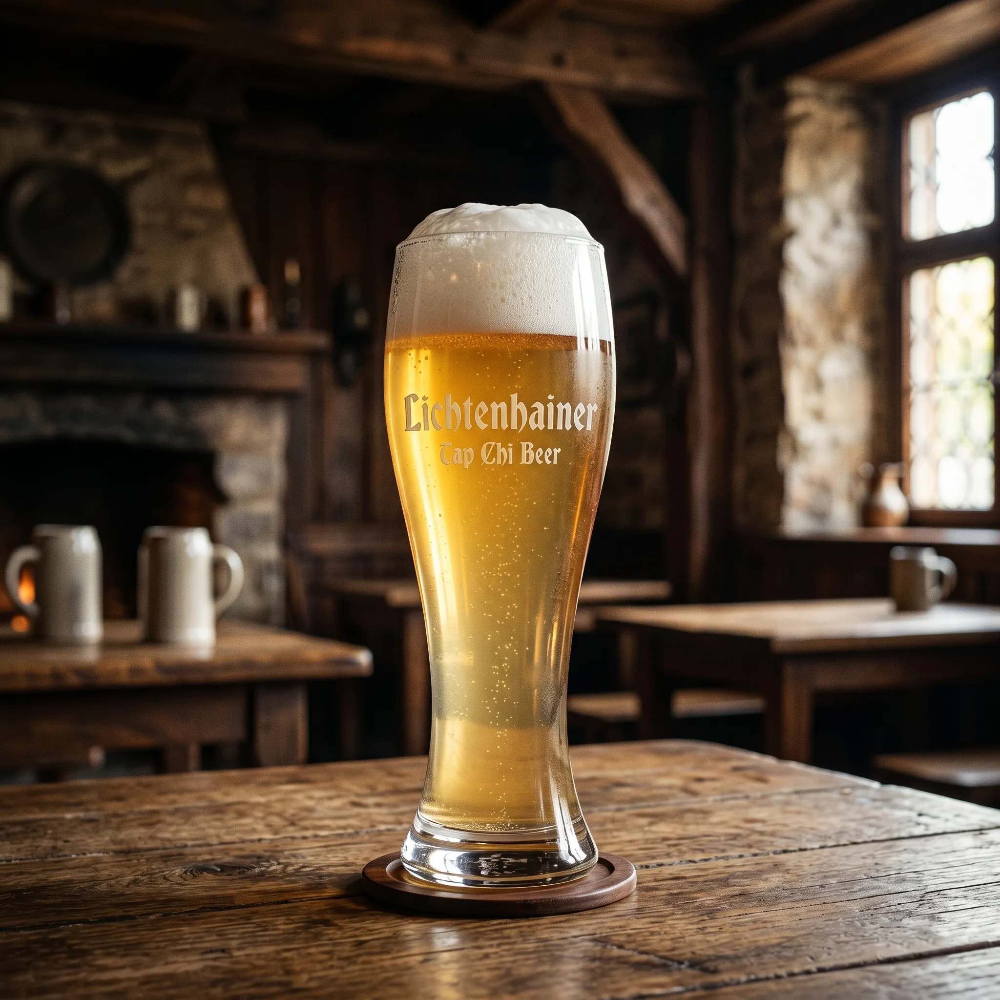Lichtenhainer – smoked sour wheat beer cổ Đức Ly Lichtenhainer màu vàng nhạt với bọt trắng sáng