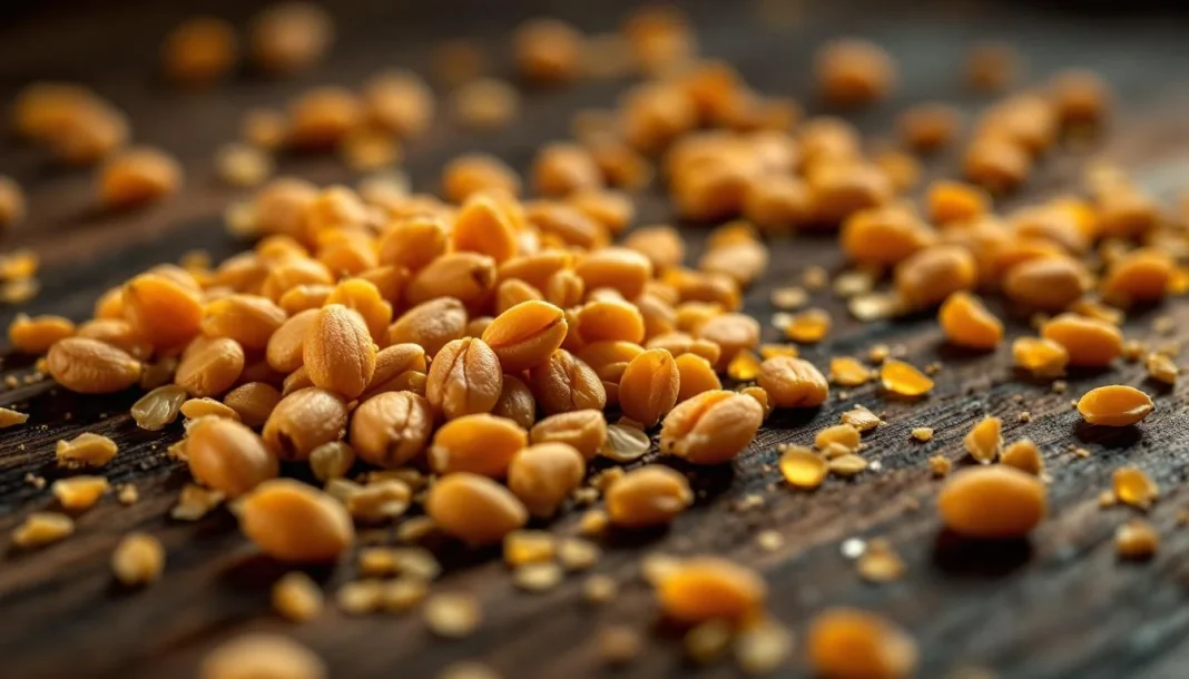Munich Malt — HERO_IMAGE Hạt Munich Malt màu hổ phách vàng đậm trên bề mặt gỗ mộc