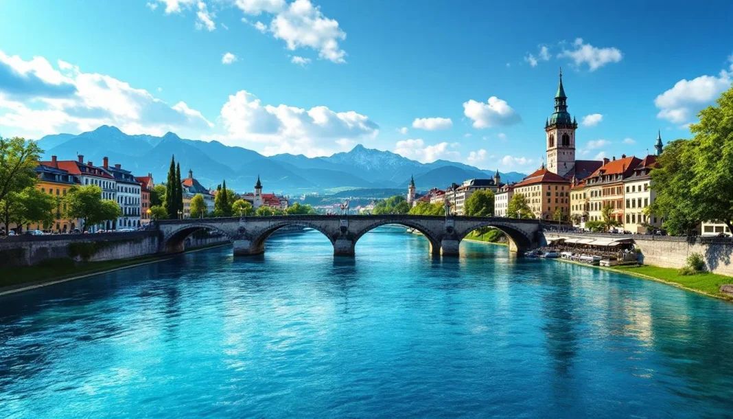 Munich Water — HERO_IMAGE Sông Isar chảy qua Munich với dãy Alps phía xa, nguồn gốc nước ủ bia huyền thoại của Bavaria