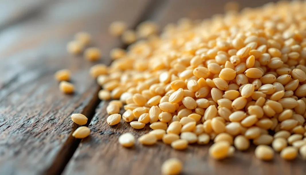 Pale Ale Malt — HERO_IMAGE Hạt Pale Ale Malt màu vàng óng với ánh hổ phách nhẹ trên bề mặt gỗ sồi